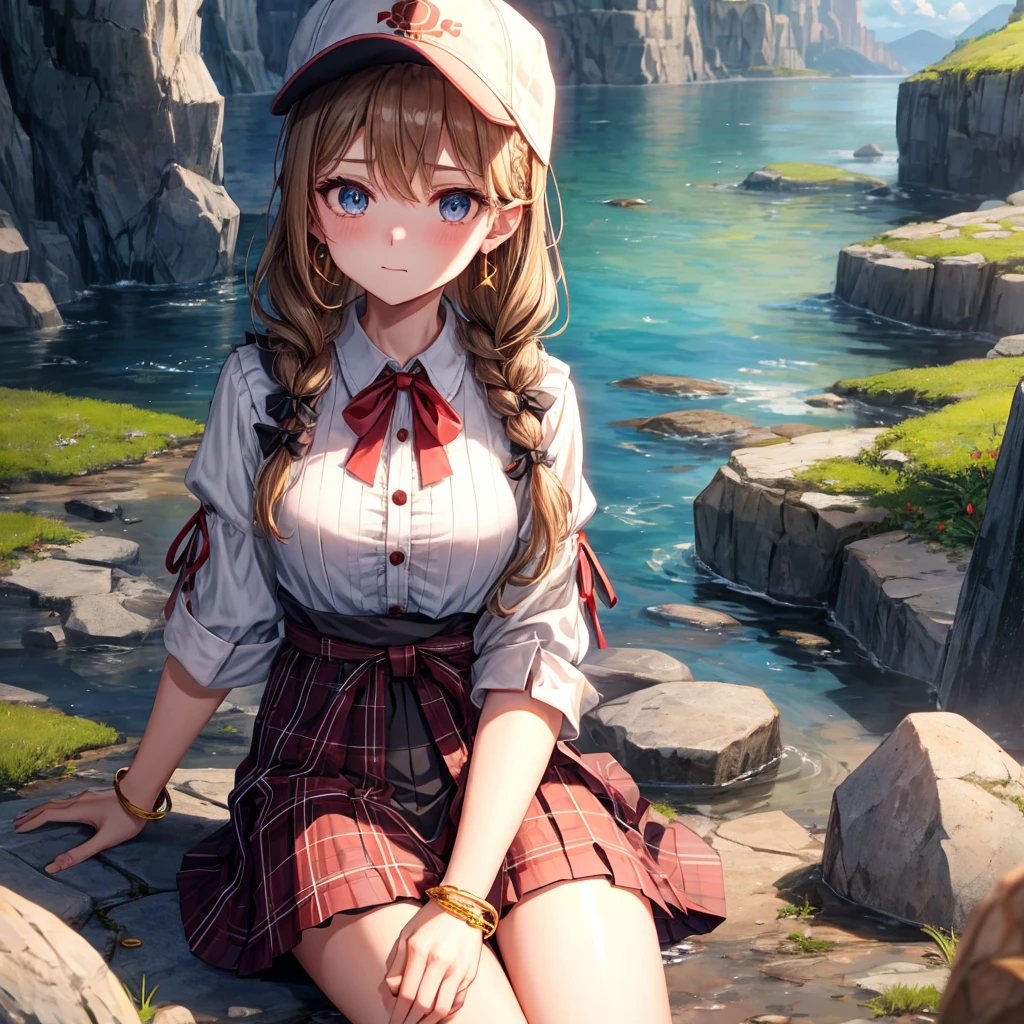 reddish-brown blonde、blue eyes、Braid、ponytail、one good looking girl、solo、anime、Plaid miniskirt、buttons on skirt、camisole、black t-shirt、dress、Doing the ribbon、Ribbon at waist、cloak、Crystal Grotto、hood、desert、clouds are swirling、stone slabs are piled up、One hand is raised、Wearing a baseball cap 、crystal earrings、sun、sitting、holding gold coins in mouth