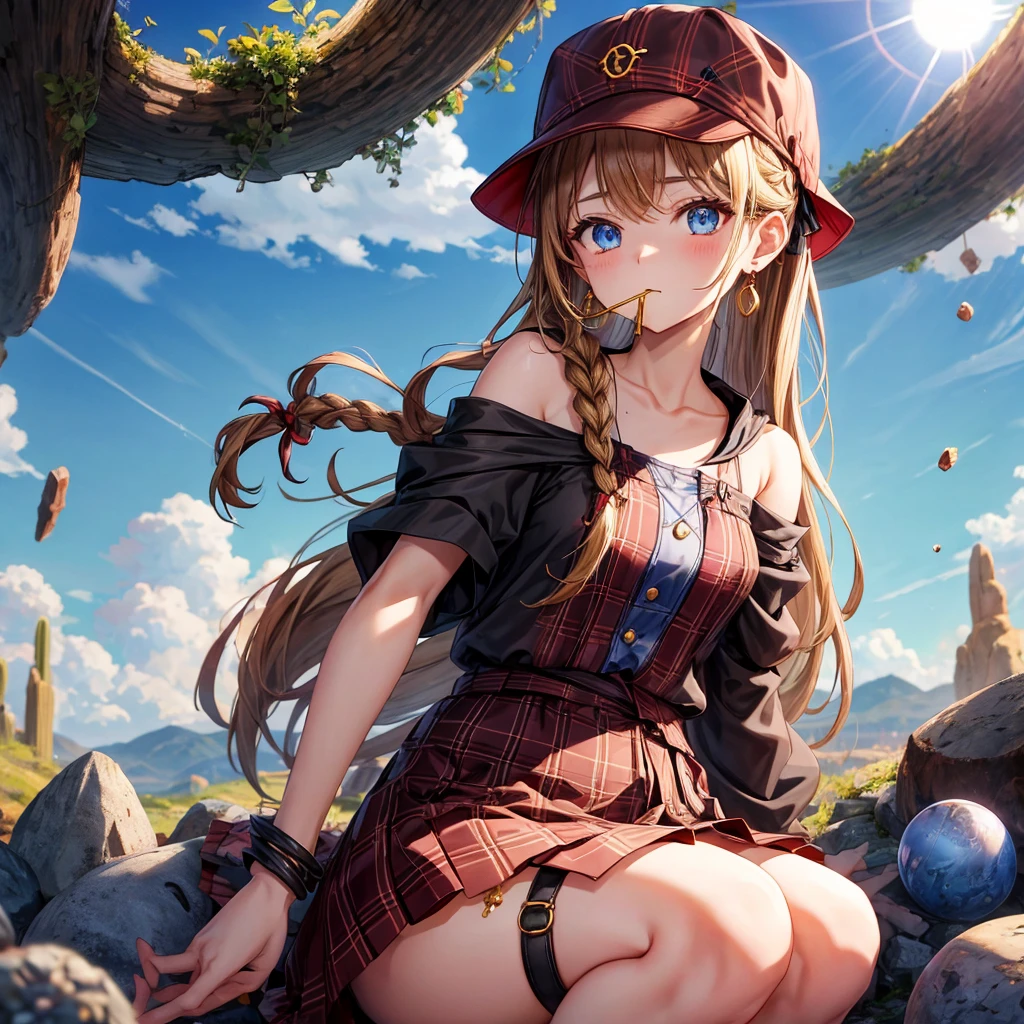 reddish-brown blonde、blue eyes、Braid、ponytail、one good looking girl、solo、anime、Plaid miniskirt、buttons on skirt、camisole、black t-shirt、dress、Doing the ribbon、Ribbon at waist、cloak、Crystal Grotto、hood、desert、clouds are swirling、stone slabs are piled up、One hand is raised、Wearing a baseball cap 、crystal earrings、sun、sitting、holding gold coins in mouth
