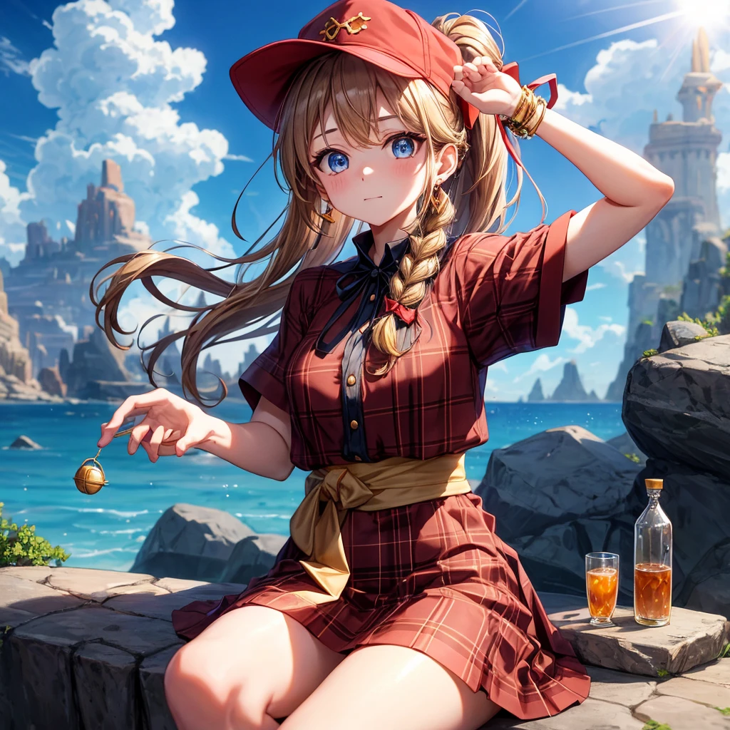 reddish-brown blonde、blue eyes、Braid、ponytail、one good looking girl、solo、anime、Plaid miniskirt、buttons on skirt、camisole、black t-shirt、dress、Doing the ribbon、Ribbon at waist、cloak、Crystal Grotto、hood、desert、clouds are swirling、stone slabs are piled up、One hand is raised、Wearing a baseball cap 、crystal earrings、sun、sitting、holding gold coins in mouth