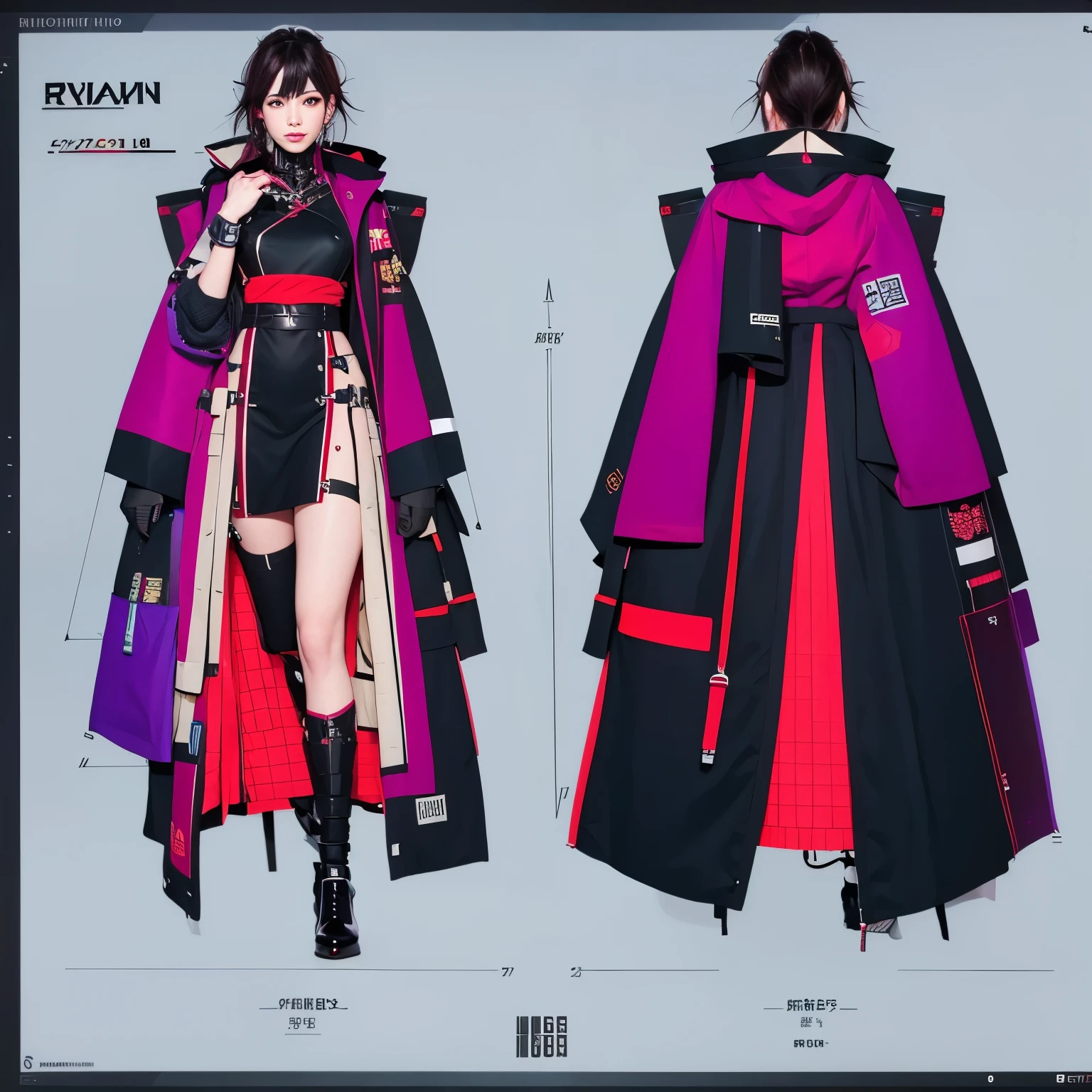 Cyberpunk (((character design sheet, same character, front and back only, simple background))), ((Very detailed Cyberpunk kimono)), ((ultra large breasts, big breasts)), (top-quality,8K,32K,​masterpiece,nffsw:1.3),A high resolution,(Photorealsitic:1.4),Raw photo, cyber punk Girl, Cyberpunk short Hair, Cyberpunk Fashion, CBPKV5. Japanese cyberpunk.