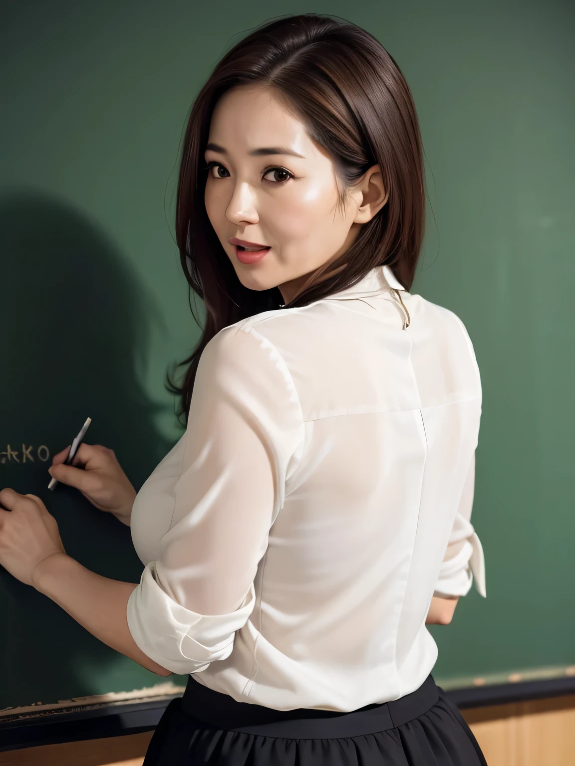 High resolution, High level image quality, high detail, masterpiece, rough skin, anatomically correct, sharp,
classroom background
((japanese mature, 50 years old)), alone, ((facial wrinkles)), good shape big breasts, Straight light brown hair that reaches to the shoulders, Chubby body type,
(((write on the blackboard, Rear view))), Staring straight ahead with an open mouth and a tired face, ,Classy blouse, skirt,