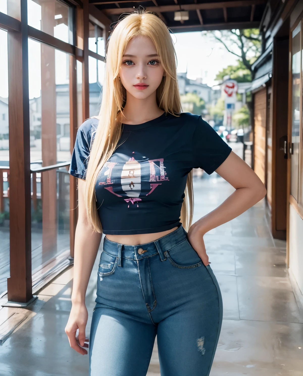 1girl, Blue eyes, (smile), (Sana Minatozaki), (tight t-shirt :1.3), (rip jeans :1.4), (wide hips :1.3), Big , (big ass), (Best Quality, 8k, Masterpiece: 1.3), perfect hands, Clear Focus: 1.2, Perfect Body Beauty: 1.4, Highly detailed face and skin texture, detailed eyes, double eyelids, red lips, (blonde long straight hair :1.3), (standing), (dynamic pose), in a japanese town