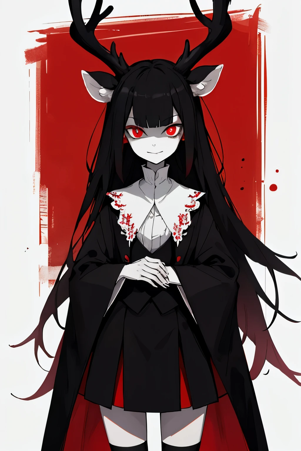 Tall woman, She has long black silky hair and bangs .she has deer ears, small deer antlers, fluffy deer tail. red long sleeved shirt ,black vest , a black skirt, One long black stocking on her left left and a short black sock on her right leg , red eyes, white skin . Vodoo creatures behind her, dark surroundings, night, glowing red eyes. Evil, deers in background with glowing red eyes. Sinister, half open eyes, close up, , sadistic, black hair, creepy background, frown, Hazbin hotel drawing reference demon, villain, evil smile, hydrangeas