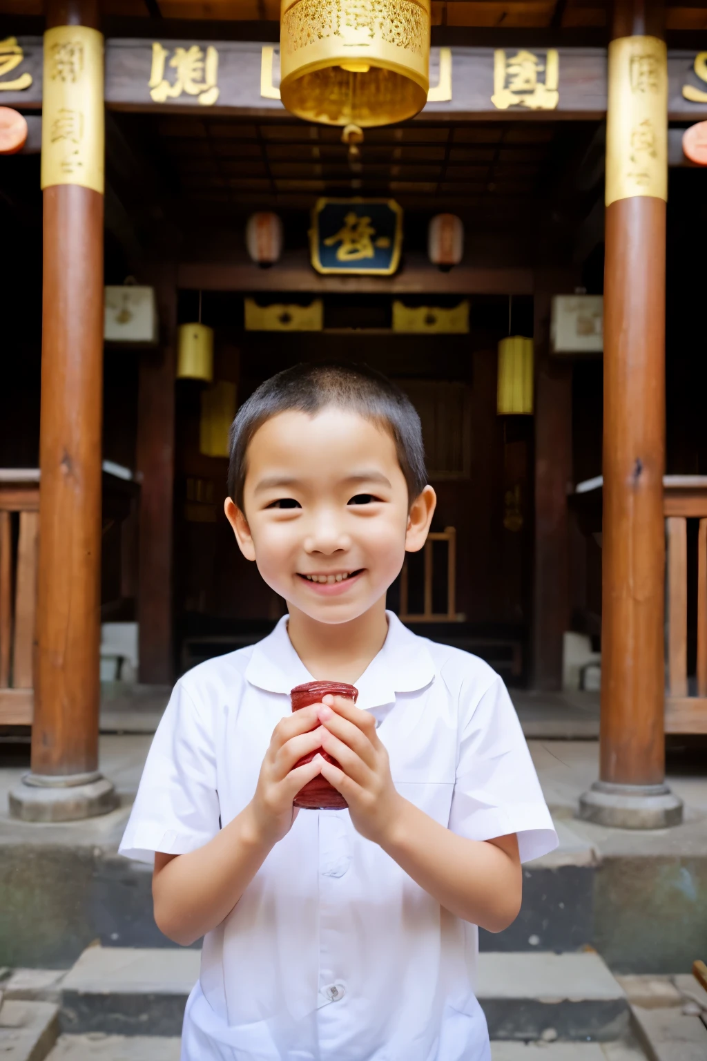 、monk、赤色のmonkのロープを着ている、Always smile、eyes are round、The background is inside a temple、There's a candle、Hands together