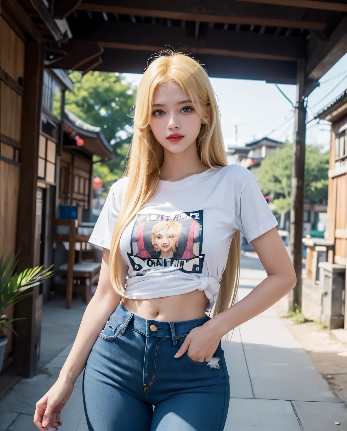 1girl, Blue eyes, (smile), (Sana Minatozaki), (tight t-shirt :1.3), (rip jeans :1.4), bright makeup, portrait, close-up, (wide hips :1.3), Big , (big ass), (Best Quality, 8k, Masterpiece: 1.3), perfect hands, Clear Focus: 1.2, Perfect Body Beauty: 1.4, Highly detailed face and skin texture, detailed eyes, double eyelids, red lips, (blonde long straight hair :1.3), (standing), (dynamic pose), in a japanese town