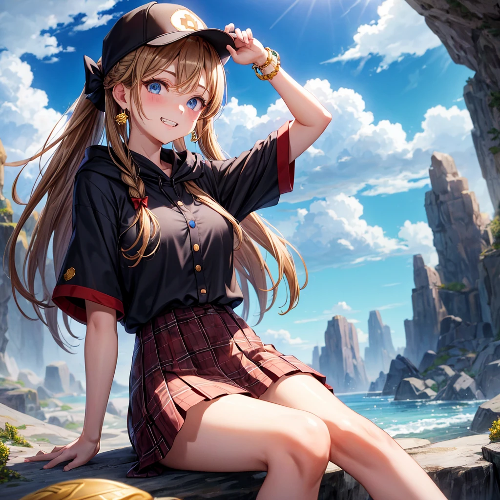 reddish-brown blonde、blue eyes、Braid、ponytail、one good looking girl、solo、anime、Plaid miniskirt、buttons on skirt、camisole、black t-shirt、dress、Doing the ribbon、Ribbon at waist、cloak、Crystal Grotto、hood、desert、clouds are swirling、stone slabs are piled up、One hand is raised、Wearing a baseball cap 、crystal earrings、sun、sitting、gold coin、teeth are visible