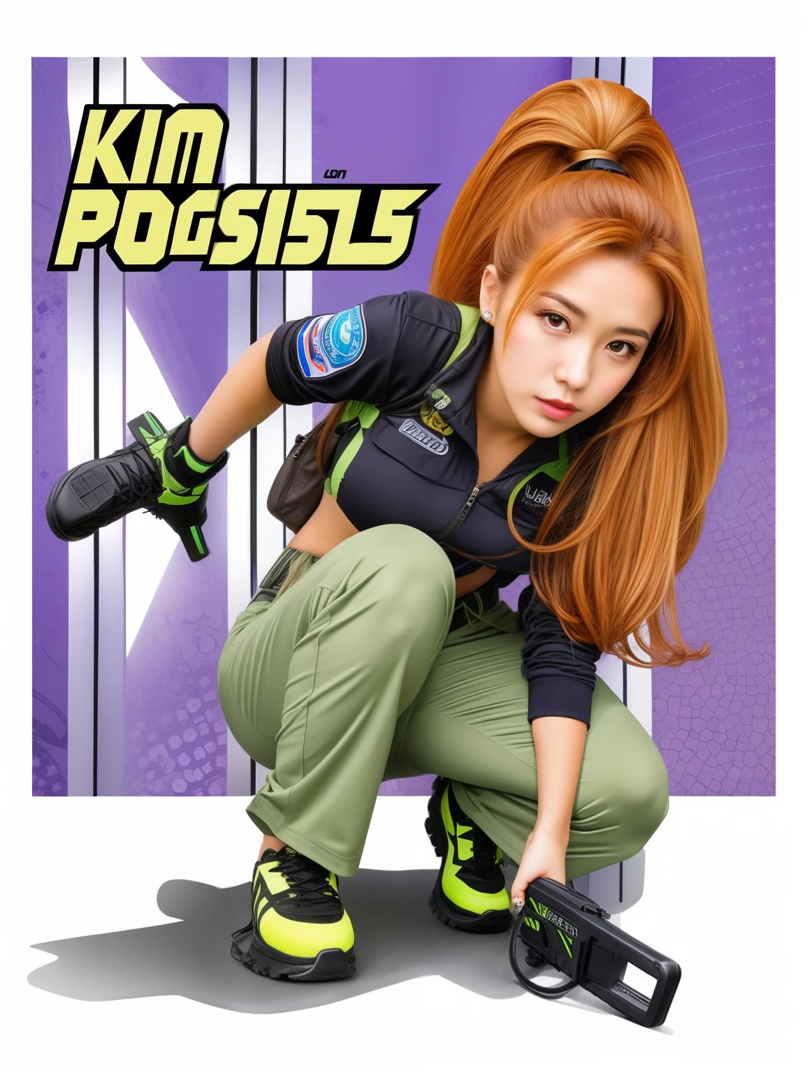 a woman kneeling down, kim possible, in realistic style, official character illustration