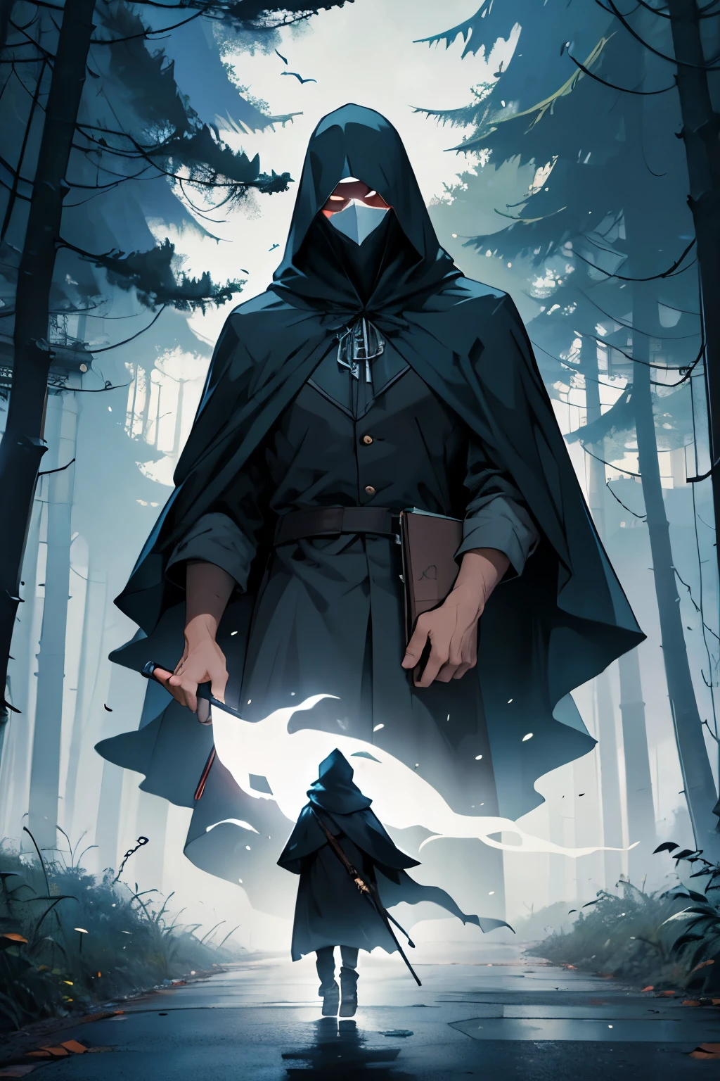 Watching ghost hunter walking on the road with a notebook in his hand,With cloak and mask, There's a ghost ahead,house and woods