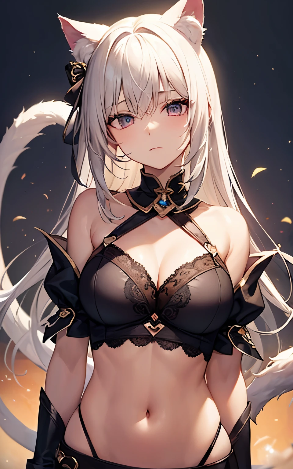 (best quality, smooth skin),cute cat ears, cute fantasy world underwear ,fantasy world temple, sorry expression, upper body shown