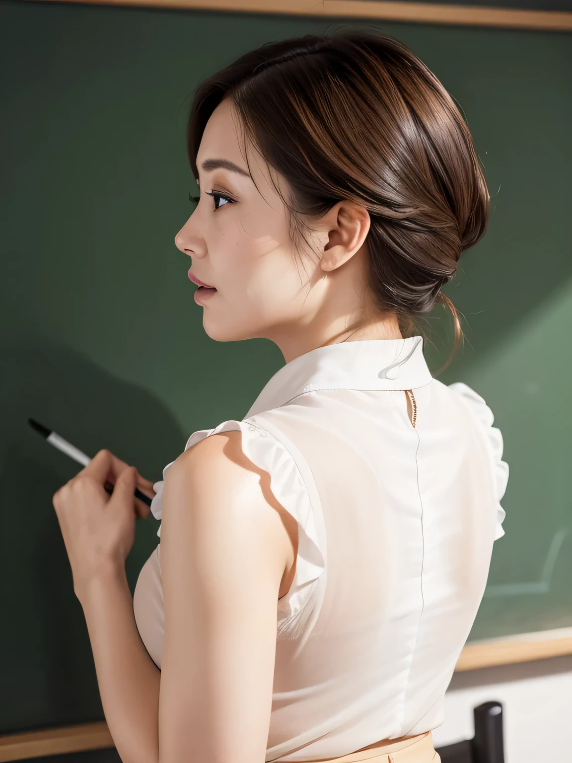 High resolution, High level image quality, high detail, masterpiece, rough skin, anatomically correct, sharp, 
classroom background 
((japanese mature, 50 years old)), alone, ((facial wrinkles)), good shape big breasts, Straight light brown hair that reaches to the shoulders, Chubby body type, 
(((write on the blackboard, Rear view))), Staring straight ahead with an open mouth and a tired face, ,Classy blouse, skirt,
