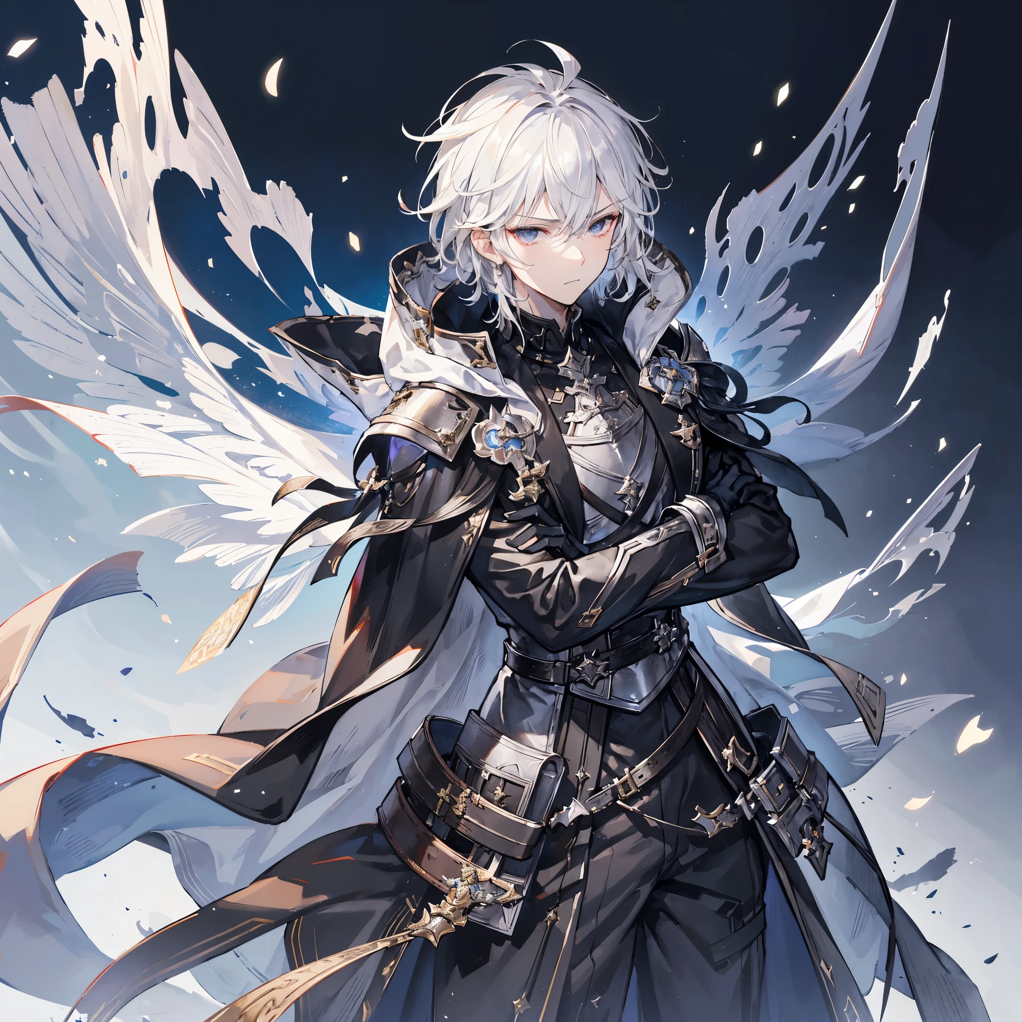 Handsome male, 17 years old, short white hair, shining grey eyes, lucilius from granblue fantasy, close up, calm expression, stoic, black military clothes, black cape, black gloves, crossed arms, upper body, looking at viewer, cowboy shot, black castle background