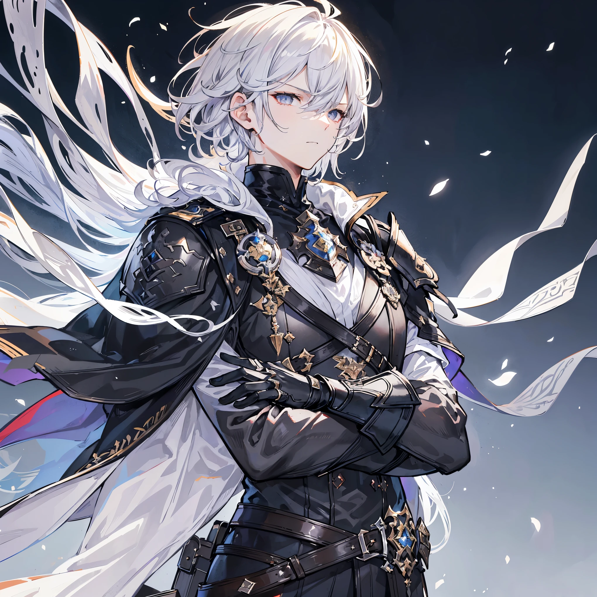 Handsome male, 17 years old, short white hair, shining grey eyes, lucilius from granblue fantasy, close up, calm expression, stoic, black military clothes, black cape, black gloves, crossed arms, upper body, looking at viewer, cowboy shot, black castle background