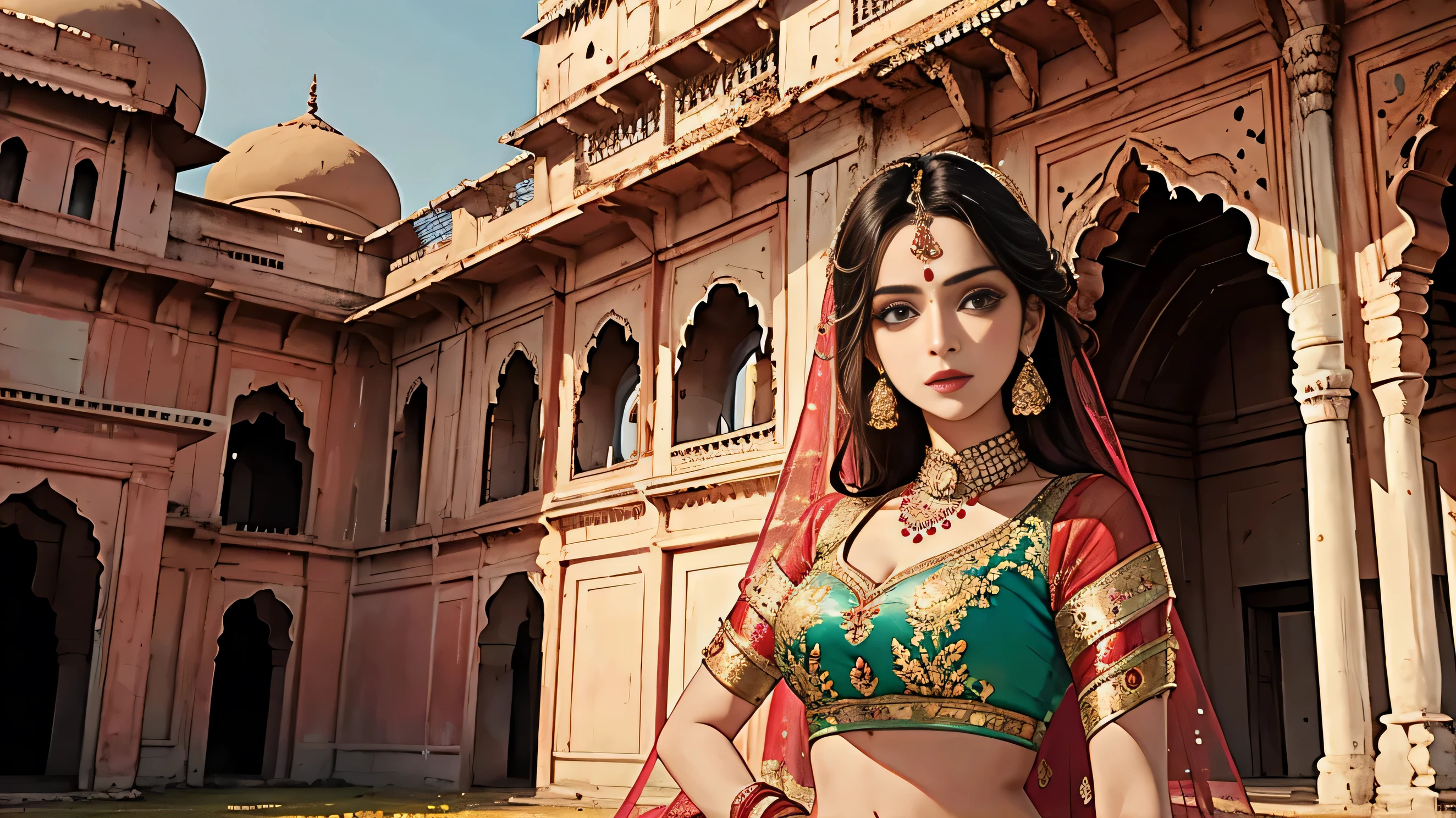 selfie of indian princess, standing beside a abandoned palace, lehenga, cinematic, royal