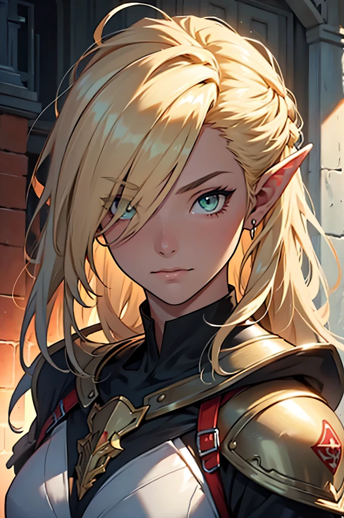 anime, masterpiece, best quality, by professional artist, 1girl, female, solo, upper body portrait, detailed composition, detailed eyes, detailed hair, elf, blonde hair, lime green eyes, aloof facial expression, medieval steel armor, mature, wrinkles, hair covering one eye, old age