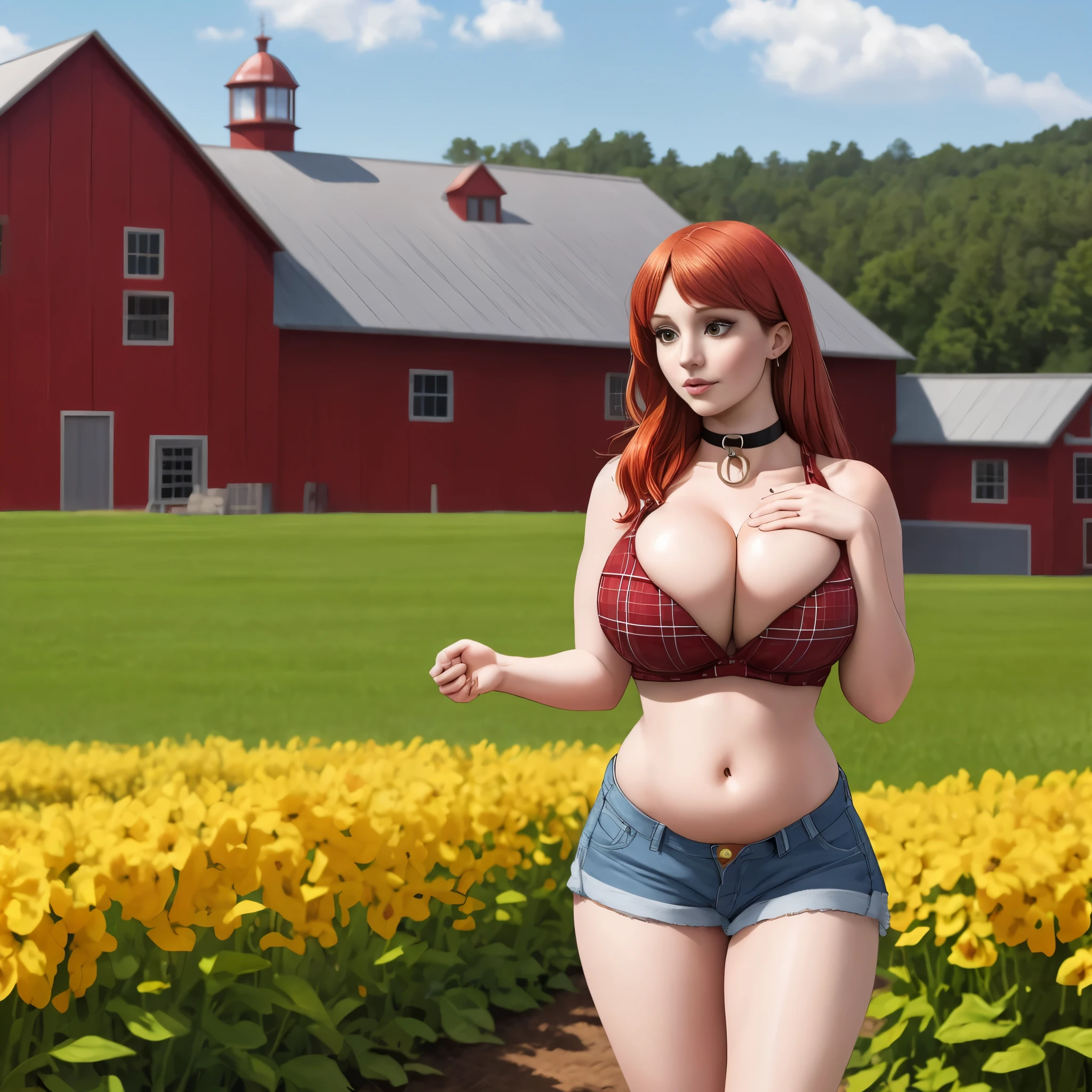 Bryce Dallas Howard, masterpiece quality, realistic, lots of detail, sunny day. at a farm, crops in background, barn in background, 1girk, solo, alone, (alone:1.5), long hair, wearing blue jean shorts, wearing red plaid shirt, wearing choker collar, midriff, bare belly, lots of cleavage, big breasts, thin body, sexy pose,