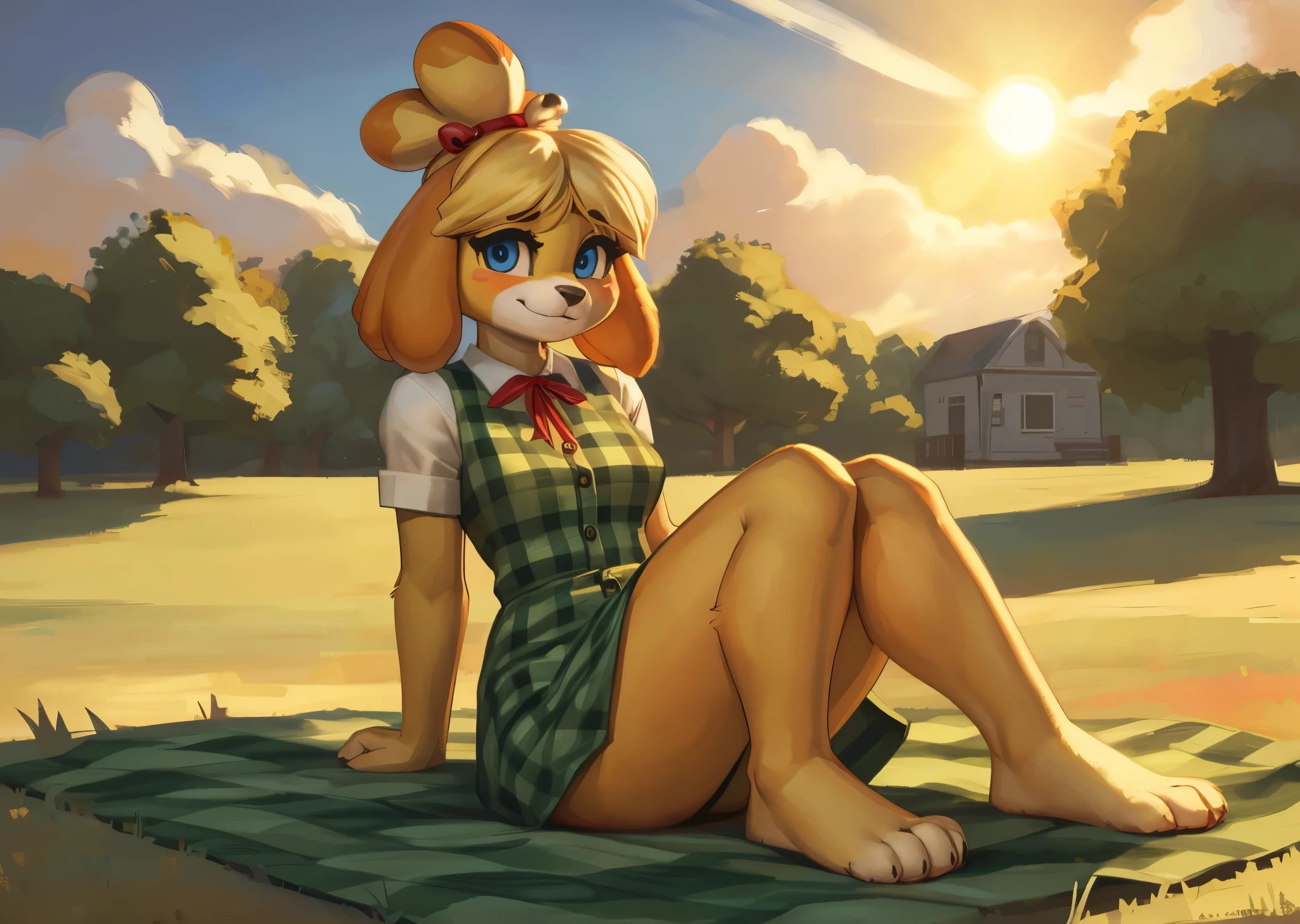 [isaCrossing], [Isabelle], [Animal Crossing], [Uploaded to e621.net; (Pixelsketcher), (wamudraws)], ((masterpiece)), ((HD)), ((high res)), ((solo portrait)), ((full body)), ((front view)), ((feet visible)), ((furry; anthro)), ((detailed fur)), ((detailed shading)), ((beautiful render art)), {anthro; (slim figure), yellow fur, black nose, (cute blue eyes), (blonde hair), (bells in hair), topknot, fluffy tail, (curvy hips), (beautiful legs), (beautiful feet), (humanoid feet), (blushing), (cute smirk)}, (nervous expression)}, {(red ribbon in hair), (short green plaid dress), (orange panties visible)}, {(sitting on picnic blanket), (nervous demeanor), (arms behind back), looking at viewer)}, [background; (park), (grass plains), (blue sky), (sun rays), (ambient lighting)]