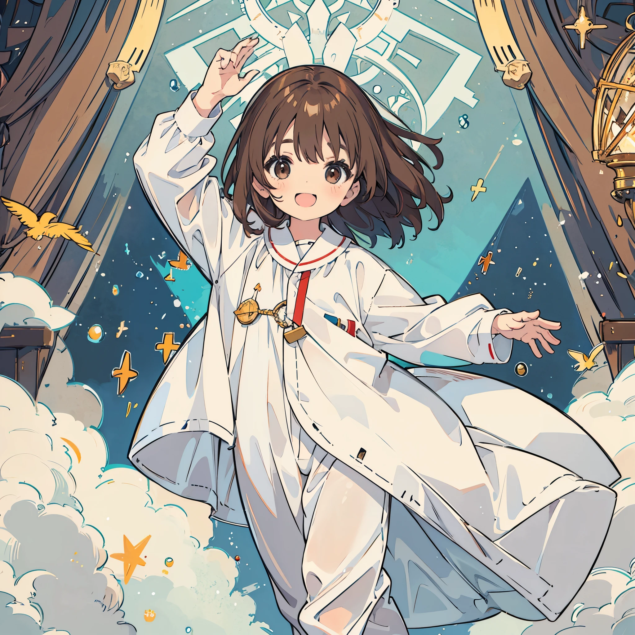 A 5-year-old brown-haired boy wearing white pajamas raises his hands in joy.