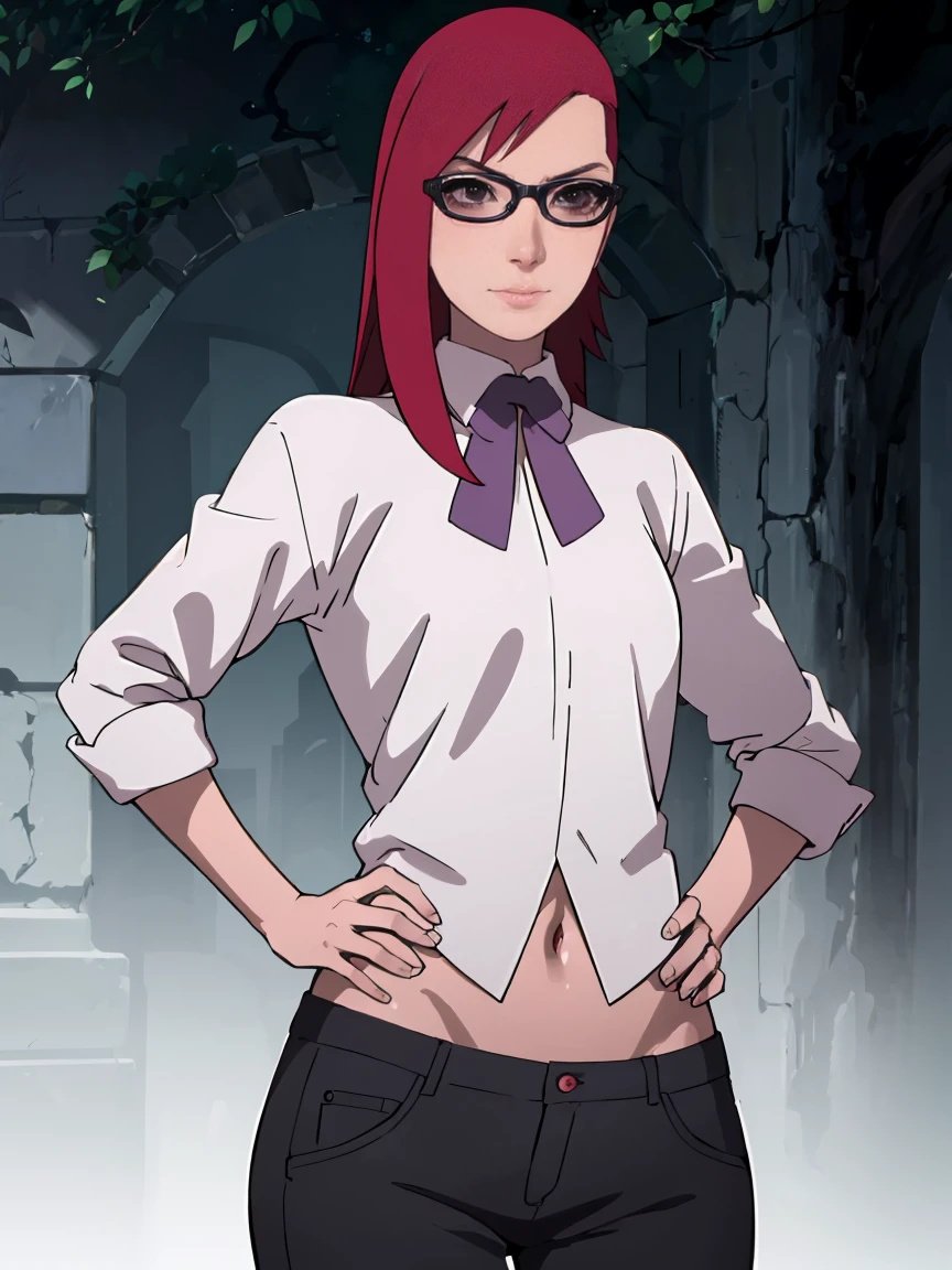 (masterpiece:1.2, best quality:1.2, beautiful, high quality, highres:1.1), detailed, extremely detailed 4K, perfect eyes, perfect face, perfect lighting, (1girl, solo, adult female, mature female), 
red hair, red eyes, glasses, karin, groin, exposed navel,
standing, outside, hand on hip, smirk, looking at viewer,