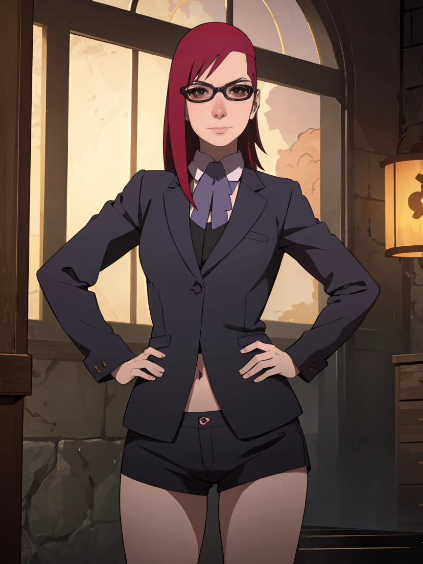 (masterpiece:1.2, best quality:1.2, beautiful, high quality, highres:1.1), detailed, extremely detailed 4K, perfect eyes, perfect face, perfect lighting, (1girl, solo, adult female, mature female), 
red hair, red eyes, glasses, karin, groin, exposed navel,
standing, outside, hand on hip, smirk, looking at viewer,