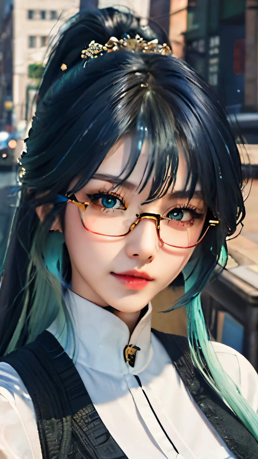 Close-up of blue-black haired woman wearing white mask、beautiful figure painting、guweiz、Gurwitz style artwork、、Jian Jie、Epic and beautiful character art、Stunning character art、Fanqi、Long Sifan、guweiz from pixiv art website,realistic face,real people,Photo quality,Live image captured by camera,Photographed from the waist up,real life experience,fairly light clothing，see through underwear,beautiful and clear eyes,美丽闪亮的light green eyes,Blue black hair and green hair, long ponytail，Good-looking hair accessories，light green eyes，red glasses，Red Half-rimmed Glasses，thin,Determined gaze,descend to earth，while hiding his true identity from the human world、A living angel integrated into daily life。.,They blend into the human world，live your daily life，Let humans not&#39;Then I realized they were all angels.,17 years old,