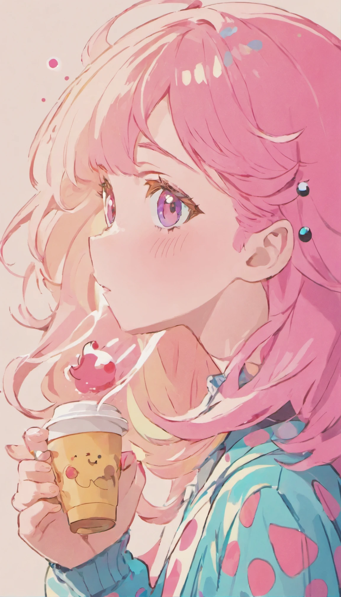 1980s Pop Art Girl drinking coffee Close-up of the warmth of coffee Colorful colors Polka dots x check Psychedelic art Teenage girl in profile Colorful hair 2:1 Semi-long hair Super delicate Nostalgic novelty Fresh, (flat color), Alone, face close-up, (illustration), multi-layered, limited tones, isometry, bright pink hair, clear eyes, profile, distorted background, (flat color), alone, face close-up, (illustration), multi-layered , limited tone, isometry, dribbble style figure, bright pink hair, clear eyes,
