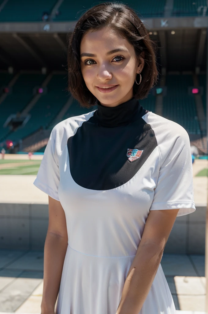 girl, sports dress, stadium, people, black hair, very short hair, white eyes, wide eyes, color contact lenses, earrings, smile, crazy, Hyperrealism, depth of field, close-up, UHD, masterpiece, super detail, highres, 8k