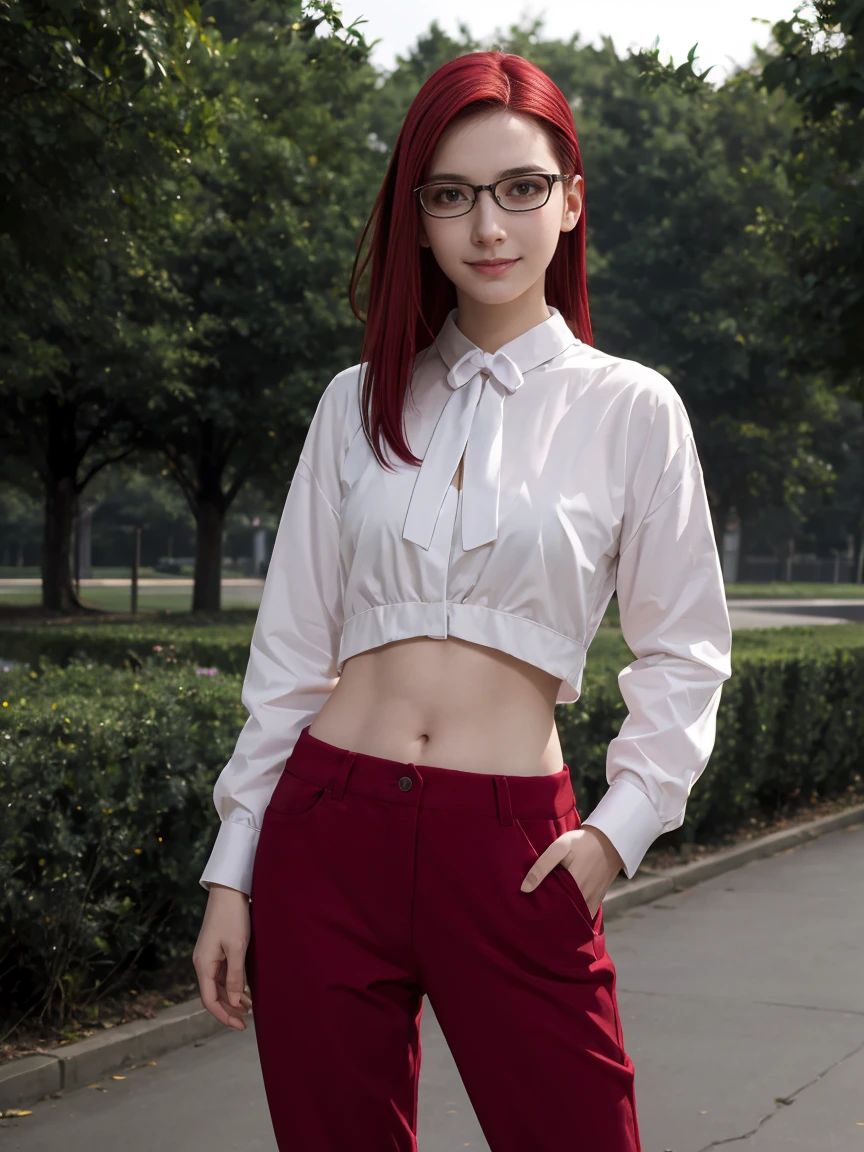 (masterpiece:1.2, best quality:1.2, beautiful, high quality, highres:1.1), detailed, extremely detailed 4K, perfect eyes, perfect face, perfect lighting, (1girl, solo, adult female, mature female), cute girl 
red hair, red eyes, glasses, karin, groin, exposed navel,
standing, outside, hand on hip, cute looking, tender smile, looking at viewer,