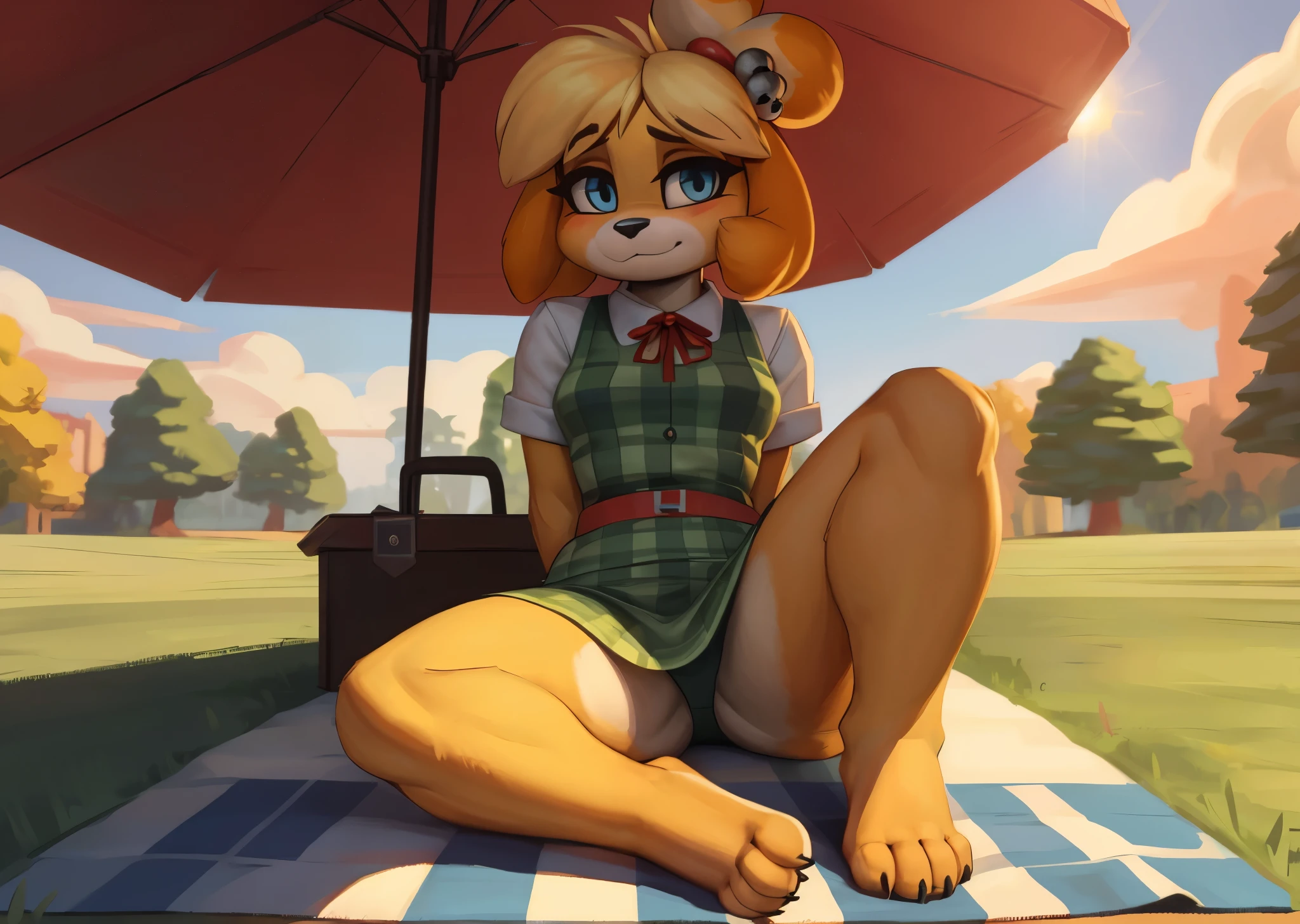 [isaCrossing], [Isabelle], [Animal Crossing], [Uploaded to e621.net; (Pixelsketcher), (wamudraws)], ((masterpiece)), ((HD)), ((high res)), ((solo portrait)), ((full body)), ((front view)), ((feet visible)), ((furry; anthro)), ((detailed fur)), ((detailed shading)), ((beautiful render art)), {anthro; (slim figure), yellow fur, black nose, (cute blue eyes), (blonde hair), (bells in hair), topknot, fluffy tail, (sharp black claws), (curvy hips), (beautiful legs), (beautiful feet), (humanoid feet), (blushing), (cute smirk)}, (nervous expression)}, {(red ribbon in hair), (short green plaid dress), (orange panties visible)}, {(sitting on picnic blanket), (nervous demeanor), (arms behind back), looking at viewer)}, [background; (park), (grass plains), (blue sky), (sun rays), (ambient lighting)]