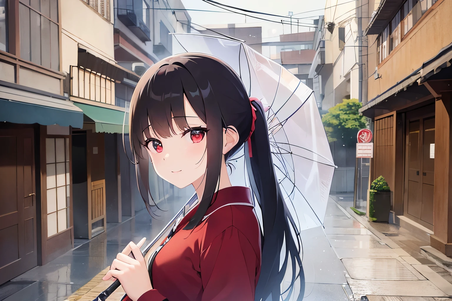 heavy rain, front view, high quality、masterpiece、shiny skin, japanese idol、shiny hair、(25 year old woman with black bangs) and (ponytail) and (red eyes), holding a umbrella、Wearing a plain red shirt with long sleeves, smile, The background is the building street outside、heavy rain、storm、I can see the raindrops、