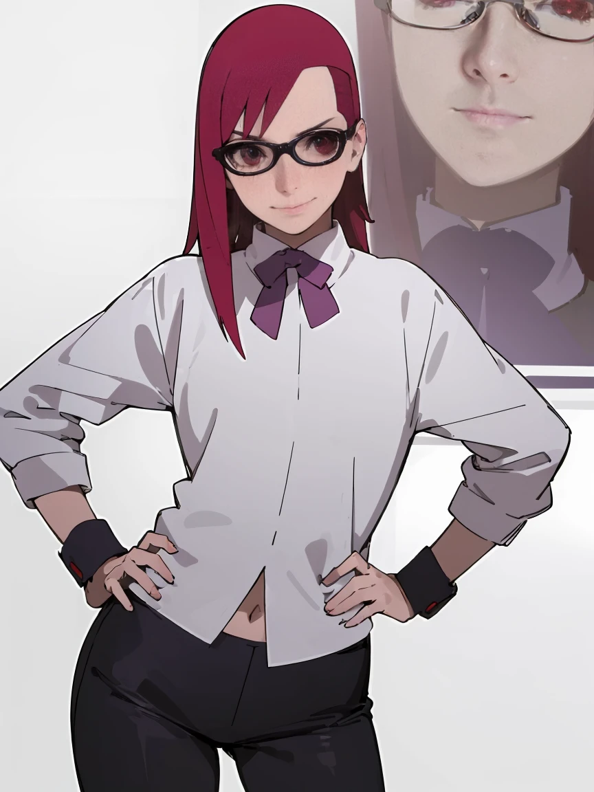 (masterpiece:1.2, best quality:1.2, beautiful, high quality, highres:1.1), detailed, extremely detailed 4K, perfect eyes, perfect face, perfect lighting, (1girl, solo, adult female, mature female), cute girl 
red hair, red eyes, glasses, karin, groin, exposed navel,
standing, outside, hand on hip, cute looking, tender smile, looking at viewer,