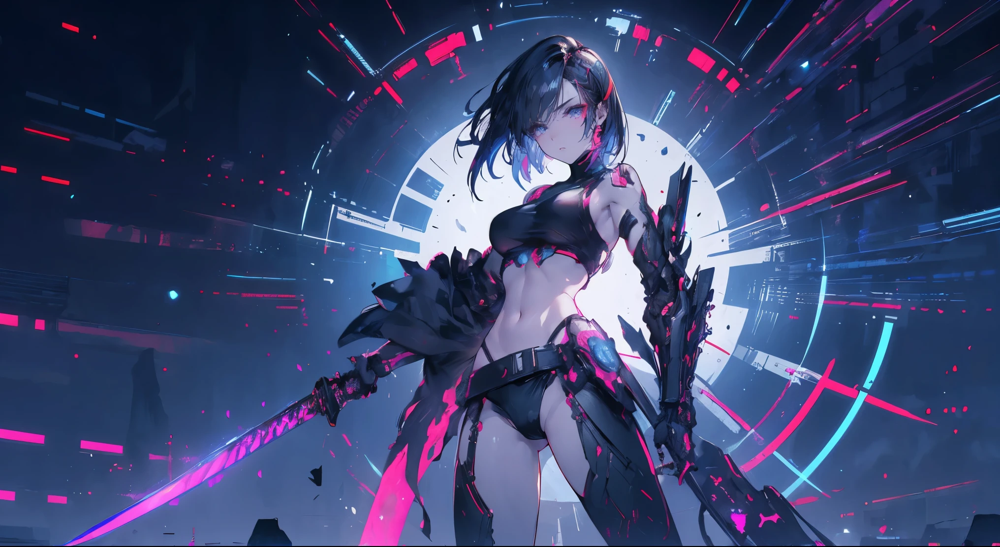 a futuristic female warrior holding a katana, (Delicate skin), pale skin, (in a deep neckline highly detailed sexy futuristic cyberpunk black crop top and underpants made of circuit boards, Japanese word with flare effect, beautiful epic work, futuristic, masterpiece, attractive, Posing for photos
