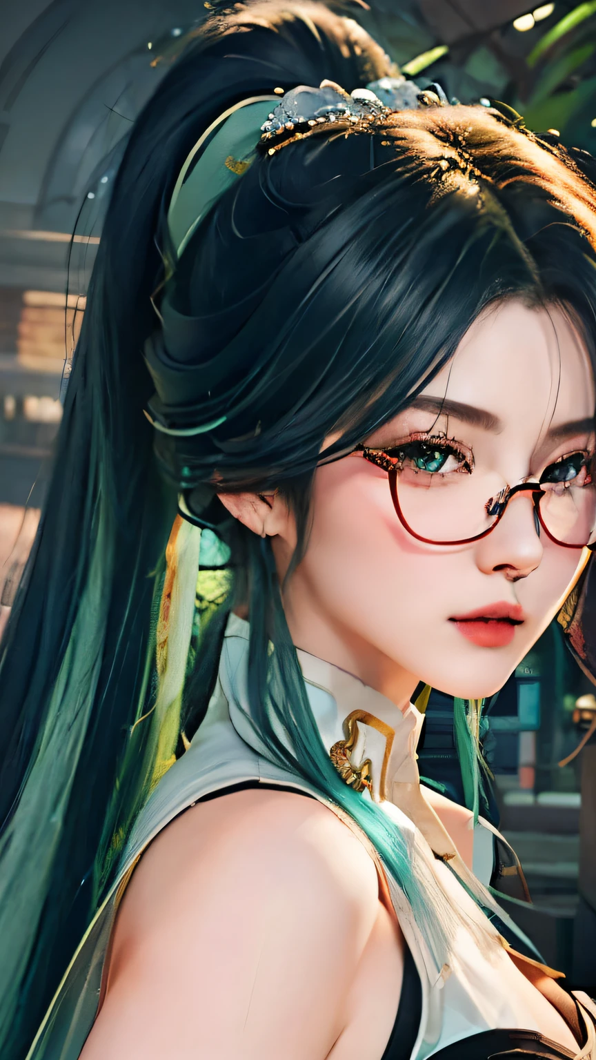 Close-up of blue-black haired woman wearing white mask、beautiful figure painting、guweiz、Gurwitz style artwork、、Jian Jie、Epic and beautiful character art、Stunning character art、Fanqi、Long Sifan、guweiz from pixiv art website,realistic face,real people,Photo quality,Live image captured by camera,Photographed from the waist up,real life experience,fairly light clothing，see through underwear,beautiful and clear eyes,美丽闪亮的light green eyes,Blue black hair and green hair, long ponytail，Good-looking hair accessories，light green eyes，red glasses，Red Half-rimmed Glasses，thin,Determined gaze,descend to earth，while hiding his true identity from the human world、A living angel integrated into daily life。.,They blend into the human world，live your daily life，Let humans not&#39;Then I realized they were all angels.,17 years old,