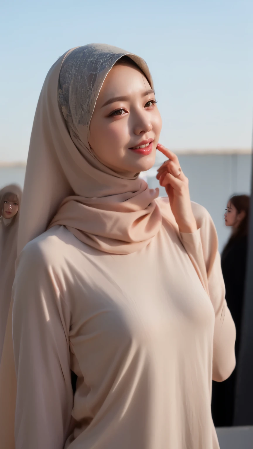 ((Best quality, 8k, Masterpiece :1.37)), (wear hijab girls), girls wear hijab, postion:standing style, (girls wearing hijab moslem), beautiful face, face bukkake, 18 years old girls, hair black, ultra detailed face, ultra detailed body, slim body, lips smile, Beautiful detailed eyes, eyes korean, detailed nose, Natural Lip, ((Lips Smile)), face smile, Wear hijab moslem, fancy jubba thobbe, (photo full body1.1), lview of the blue sky, Slim Body, body erotic, (undressing nude), realistic face, backround people hijab