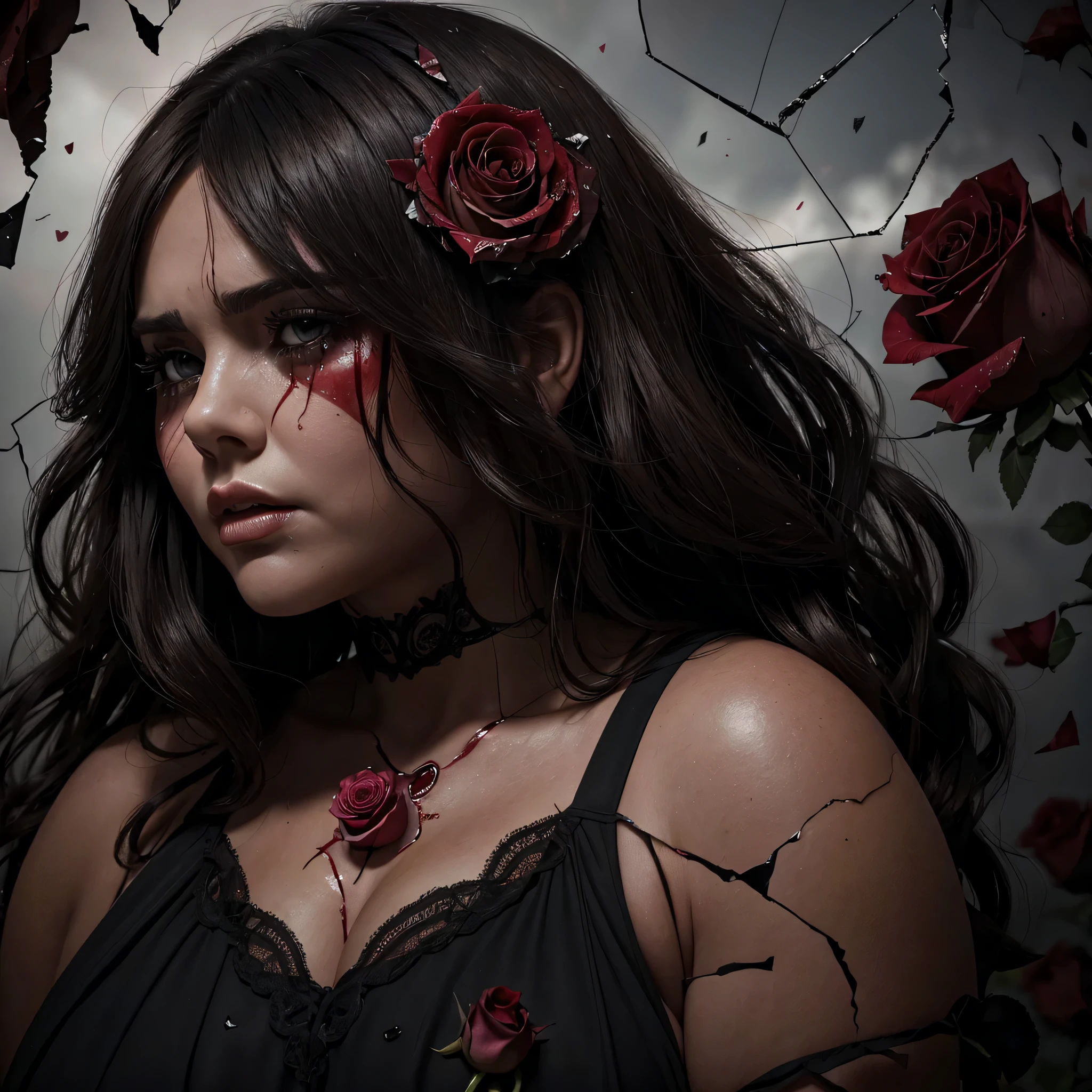 (((One bbw brunette woman))) broken heart, devastated, wind blown hair, (Eden), (pink roses) ethereal, (8K HDR 0.8) (Cinematic lighting 0.9) (Ultra-detailed and complex elements 0.7)(Broken glass effect 1.2) (murderous background 1.1) (vibrances, red, and Ebony 1.1) (crying Emotions 1.2)(Broken Glass Memories 1.2) (Blood-dripping rose thorn 1.2),glass, shattered hearts, teardrops, blood falling from eyes, covered in bloody face, bloody hair, valentines dress, blood tears dripping, bloody heart, lost soul