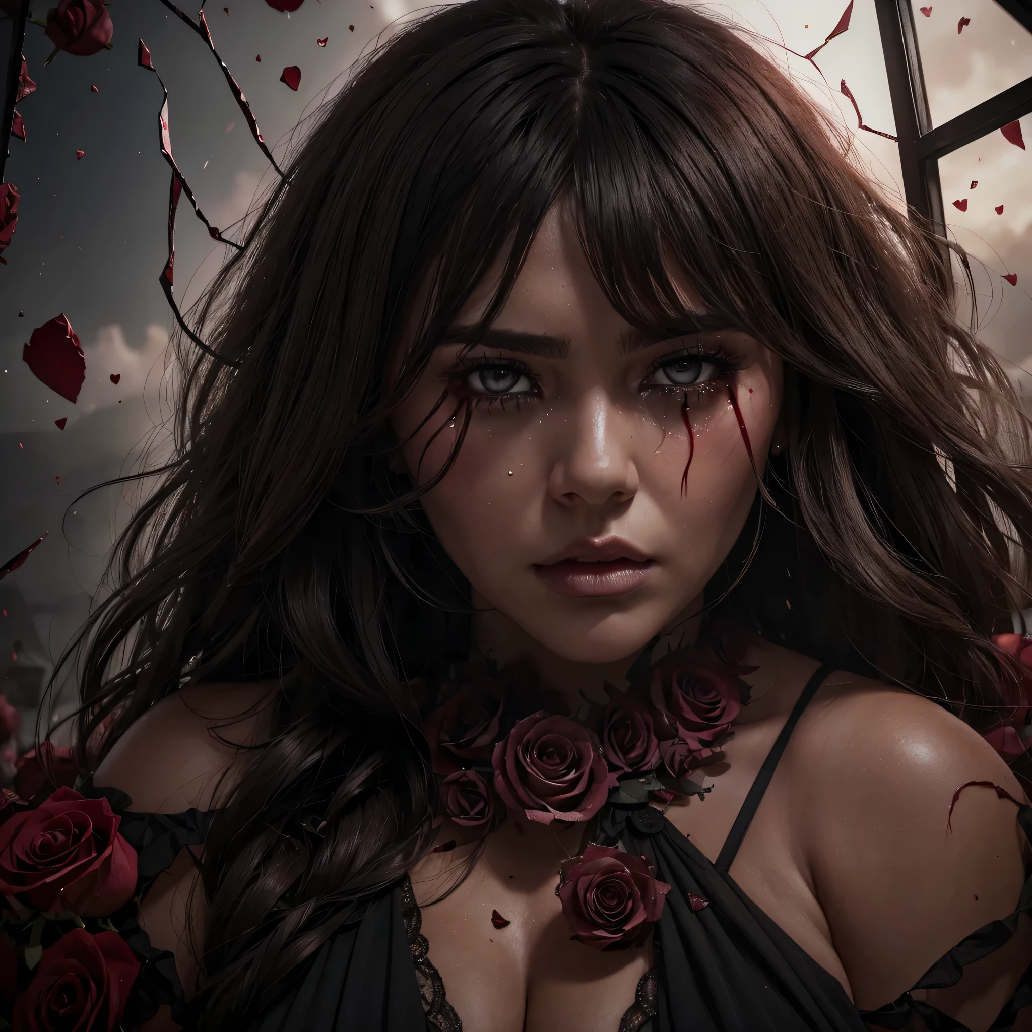 (((One bbw brunette woman))) broken heart, devastated, wind blown hair, (Eden), (pink roses) ethereal, (8K HDR 0.8) (Cinematic lighting 0.9) (Ultra-detailed and complex elements 0.7)(Broken glass effect 1.2) (murderous background 1.1) (vibrances, red, and Ebony 1.1) (crying Emotions 1.2)(Broken Glass Memories 1.2) (Blood-dripping rose thorn 1.2),glass, shattered hearts, teardrops, blood falling from eyes, covered in bloody face, bloody hair, valentines dress, blood tears dripping, bloody heart, lost soul