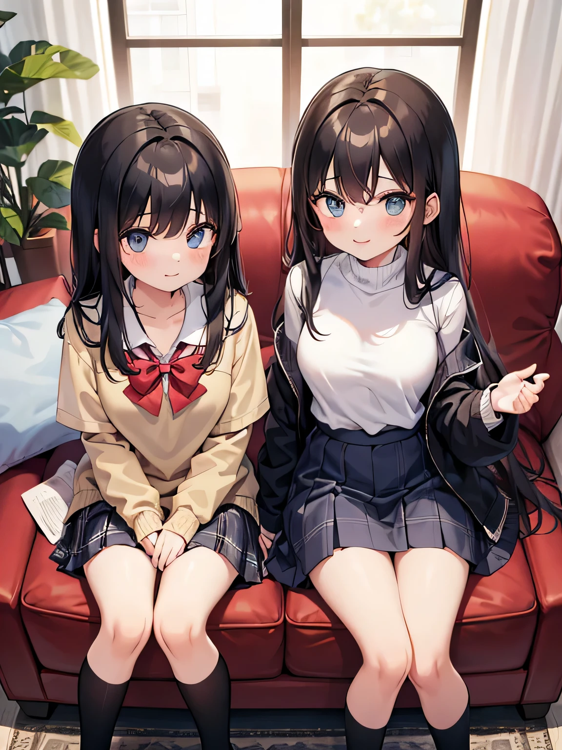 (1) Two sisters are sitting with their knees together on the sofa in the living room. My sister is pink from the gap between her skirt and thighs、My sister can see her light blue panties.
(2) My sister is a 17 year old high school student.、She is wearing a uniform consisting of a miniskirt, blouse, and socks.。.
(3) The older sister is a 23-year-old office lady.、She is wearing a turtleneck knit, a plaid skirt, and black socks.。.
(4) My younger sister has semi-long black hair..
(5) My sister has long brown hair.
(6) The two women have mischievous smiles on their faces..
(7) Both women&#39;s breasts are not that big..
(8) The location is the sofa in the living room of the apartment..