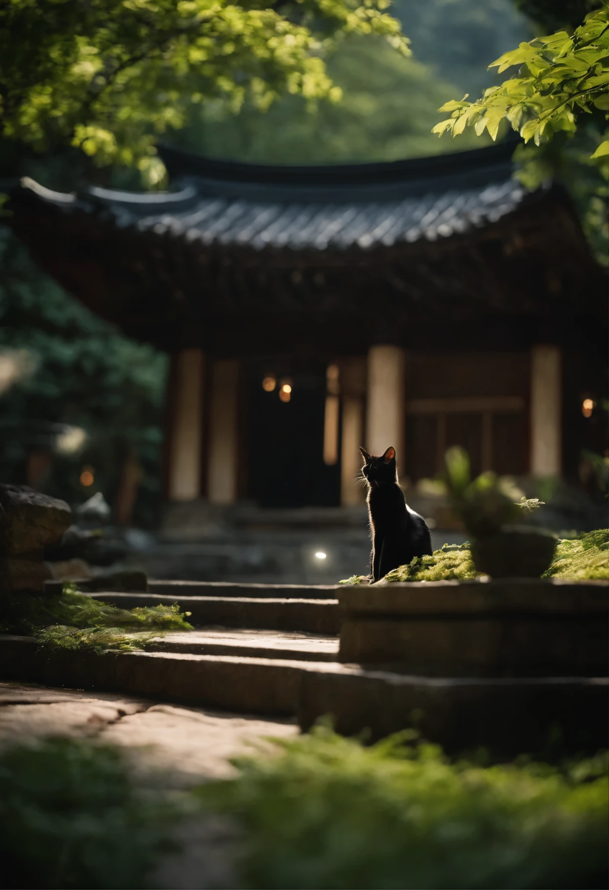 Enchanting temple grounds、garden、Screenwriter Hiroshi Takeyama、Yoshitaka Sasakawa of the Sasakawa Economic Support Organization, a general incorporated association、Black cat、A swarm of glowing fireflies。fantasy。