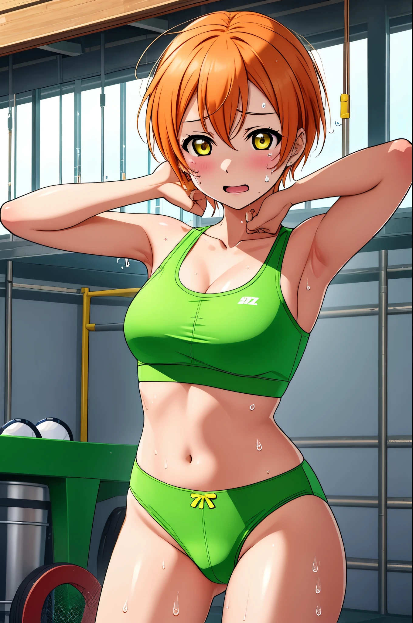 masterpiece, best quality,(hoshizora rin:1.000), cowboy shot,yellow eyes, orange hair, (breasts:0.996), green sports bra,green sports thong, sweating,sweat drops 
