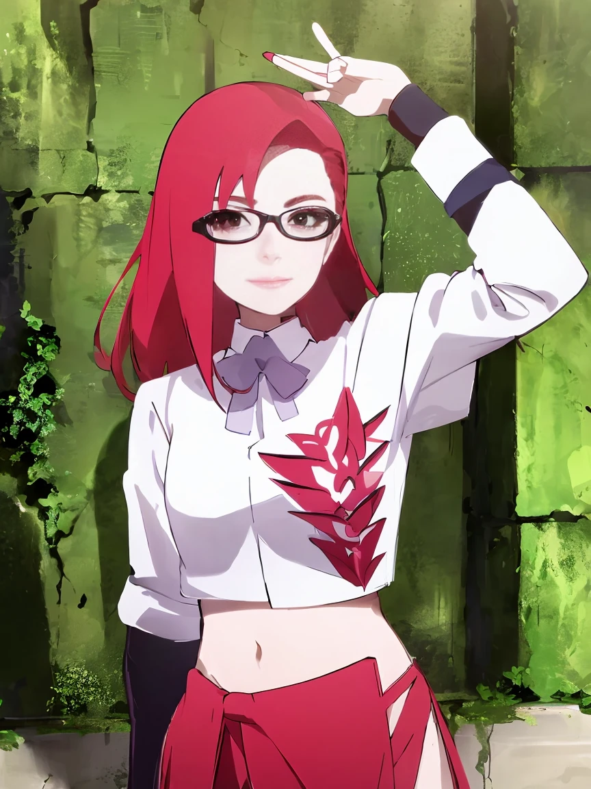 (masterpiece:1.2, best quality:1.2, beautiful, high quality, highres:1.1), detailed, extremely detailed 4K, perfect eyes, perfect face, perfect lighting, (1girl, solo, adult female, mature female), cute girl 
red hair, red eyes, glasses, karin, groin, exposed navel,
standing, outside, hand on hip, cute looking, tender smile, looking at viewer,