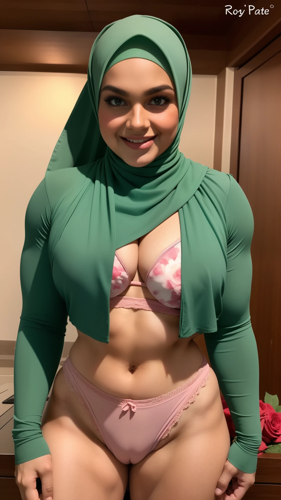 BODYBUILDER SMILE (HIJAB), (ROSE PANTIES PATTERN FLOWERS), NAKED AT FOREST & SMALL BOOTY, (THIN TINY TITS), ((FLAT CHEST)), NAKED BOXER GREEN