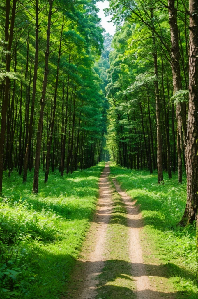 highest quality,High resolution,A straight road in the forest,Green all over,bright green,forest,mountain path