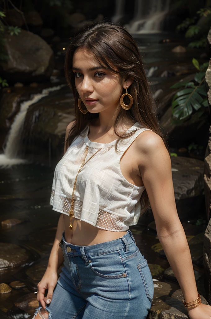 girl wearing netted white sleeveless blouse, jeans, golden bangles, earrings, absolutely beautiful, waterfall background, upper body, head shot, natural lighting