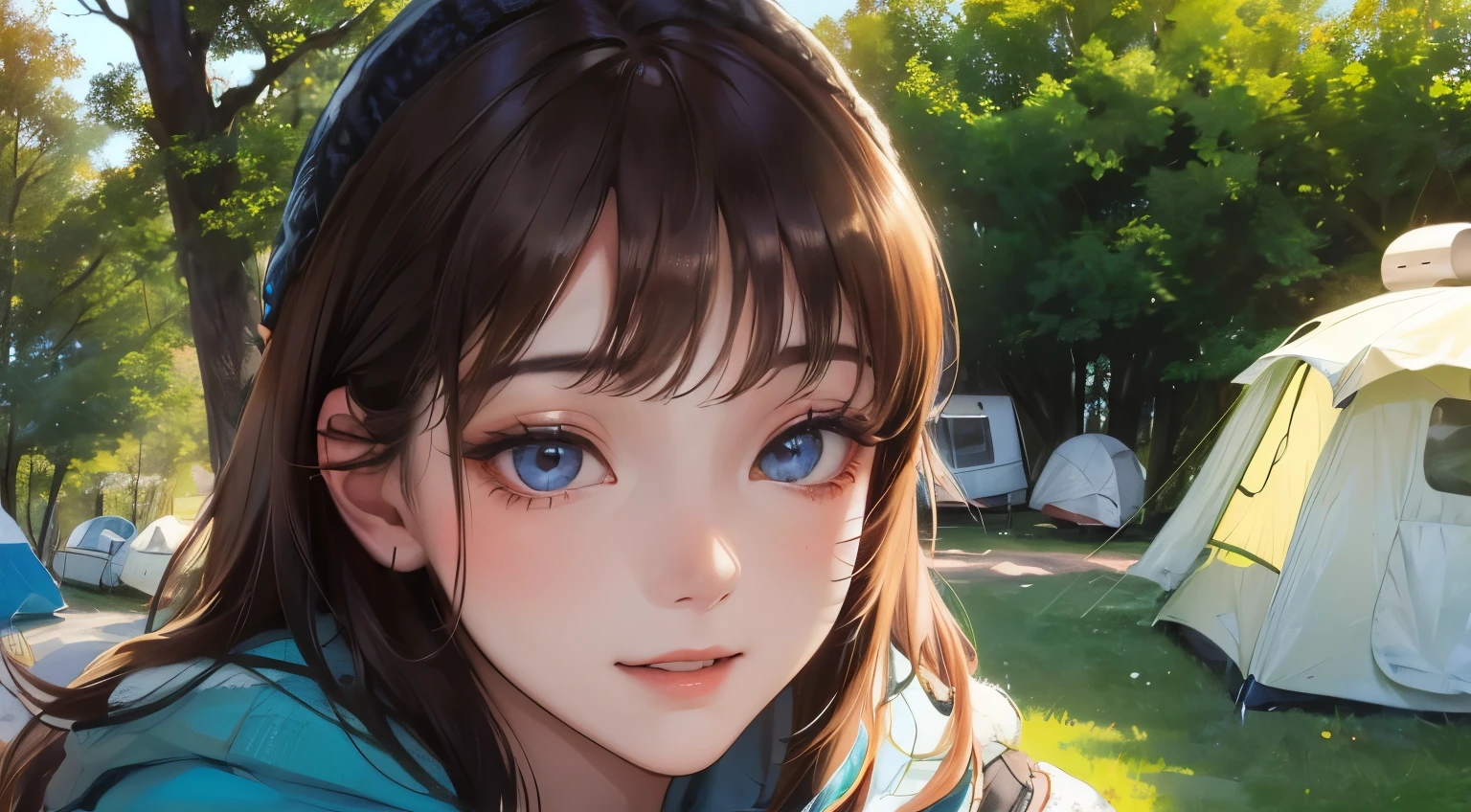 (((1 female)))、((High definition)),(((A beautiful woman wearing a knitted hat))),(highest resolution、clear_image)、 ,(((Camper)))、highest quality、contrast of light and shadow、((campsite))、very detailed、semi-realistic、brown hair、、shy smile、bangs、20-year-old、outdoor、　lady,,young、((View from the front))、delicate facial features facial features、