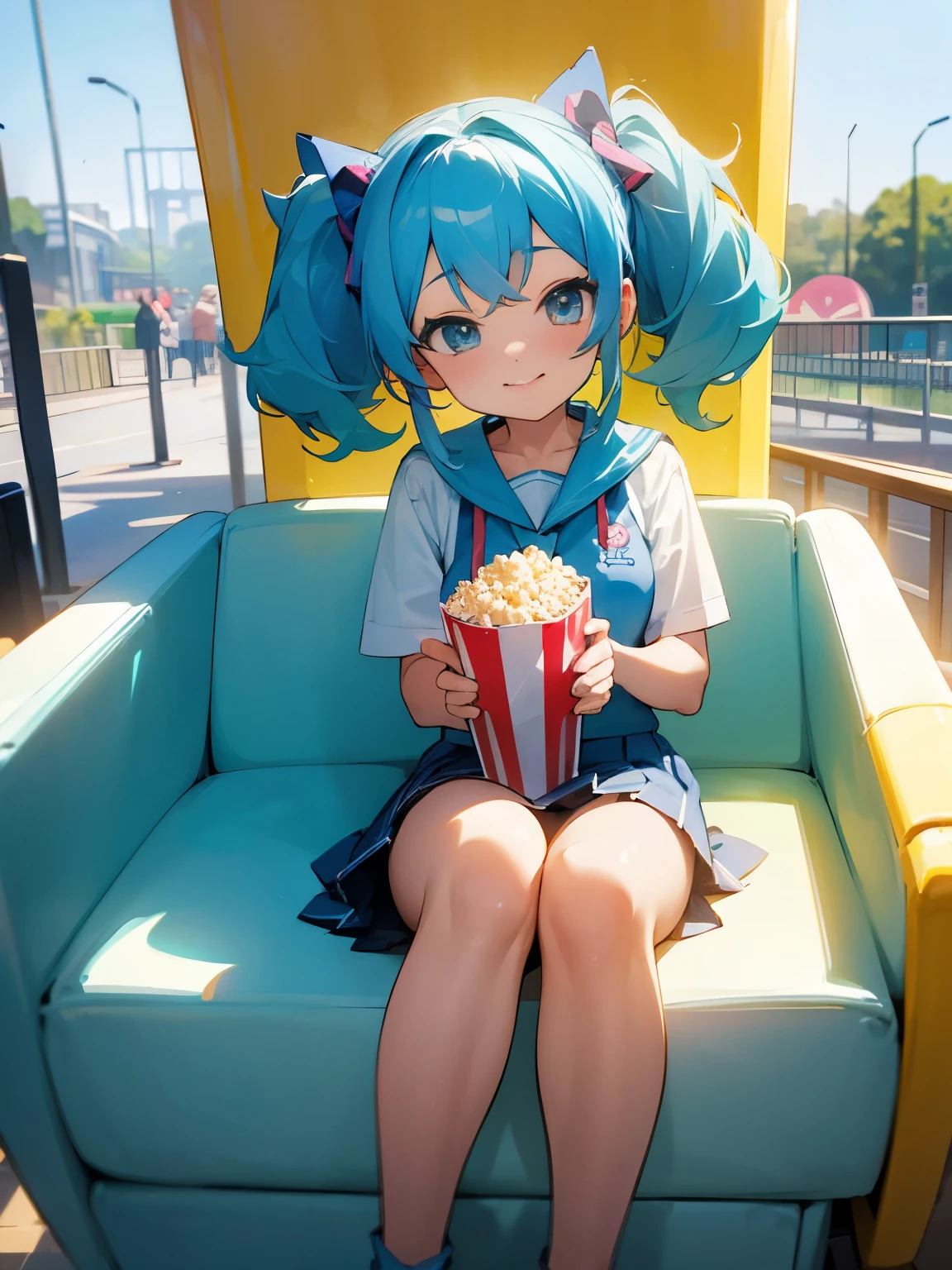 theme park amusement park popcorn attraction girl twintails light blue hair cute