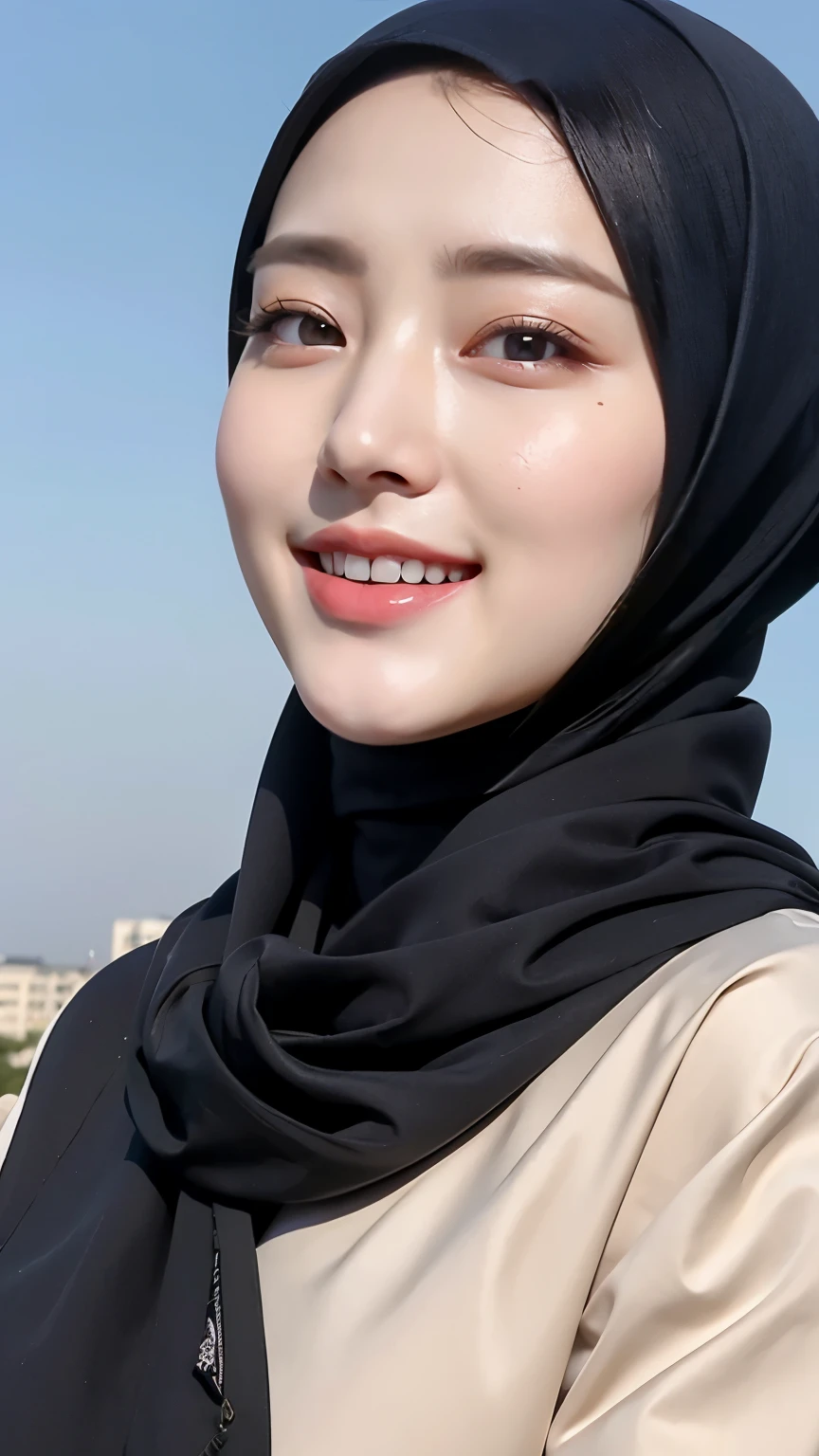 ((Best quality, 8k, Masterpiece :1.37)), (wear hijab girls), girls wear hijab, postion:standing, style model, (girls wearing hijab moslem), beautiful face, face bukkake, 18 years old girls, hair black, ultra detailed face, ultra detailed body, slim body, lips smile, Beautiful detailed eyes, eyes korean, detailed nose, Natural Lip, ((Lips Smile)), face smile, Wear hijab moslem, fancy jubba thobbe, (photo full body), view of the blue sky, Slim Body, realistic face, backround people hijab , (full body photo)