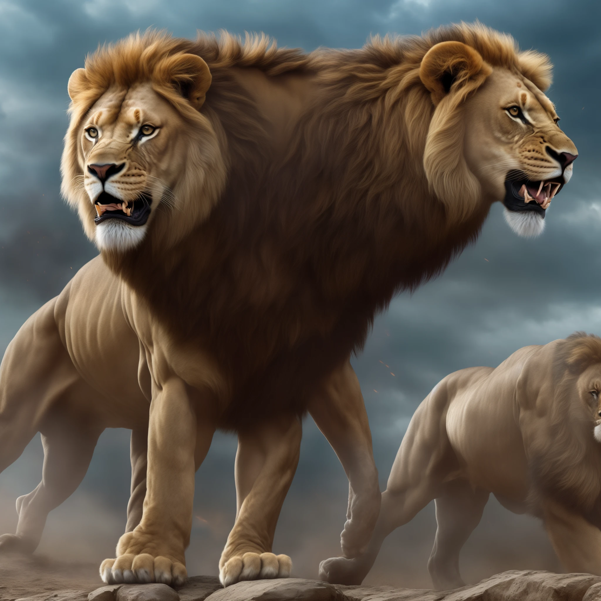 A masterpiece 4K image of a gladiator in intense combat with a towering, animated big lion. The ultra-detailed, photo-realistic rendering showcases the gladiator's muscular physique and fierce expression, while the grungy storm aesthetic adds an element of danger and drama. Observe the intricate veins on the lion's body and the lifelike texture of its mane in this best quality, highres 8K artwork. (1.2)
---
Realistic 3D rendering of a gladiator engaged in an epic battle against a furious, roaring lion in an ancient colosseum. Observe the intricate details on