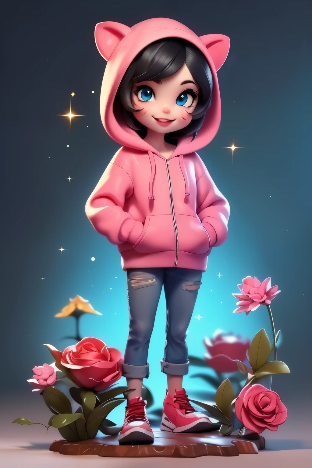 ​masterpiece、top-quality、ultra-detailliert、(Chibi, female that is hybrid humancat, black and pink hair , blue eyes, Rose Flower Carpet,A smile,Full-body standing figure,Glitter, wearing a black hoodie with cat ears and jeans,Pixar style super cute, standing, charming big eyes, cute tail, surreal, super fine, super detailed, illusory engine, 8k, Smile face. Blind box figures.