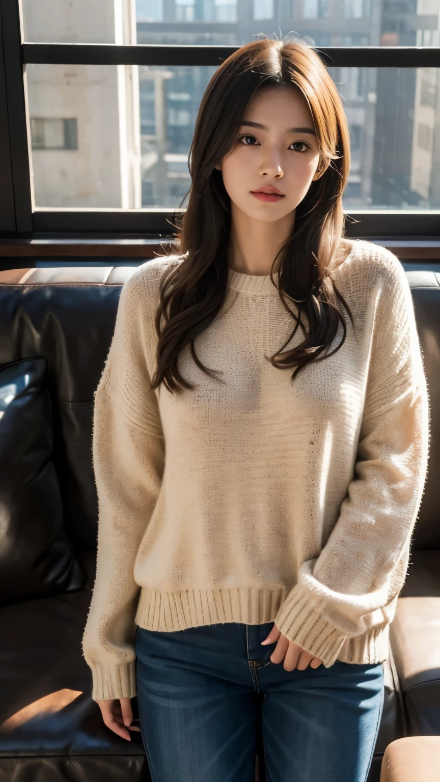 (best quality,highres),1girl,wearing a sweater,rich details,ray tracing,standing on a sofa,bathed in sunlight,diffraction effect