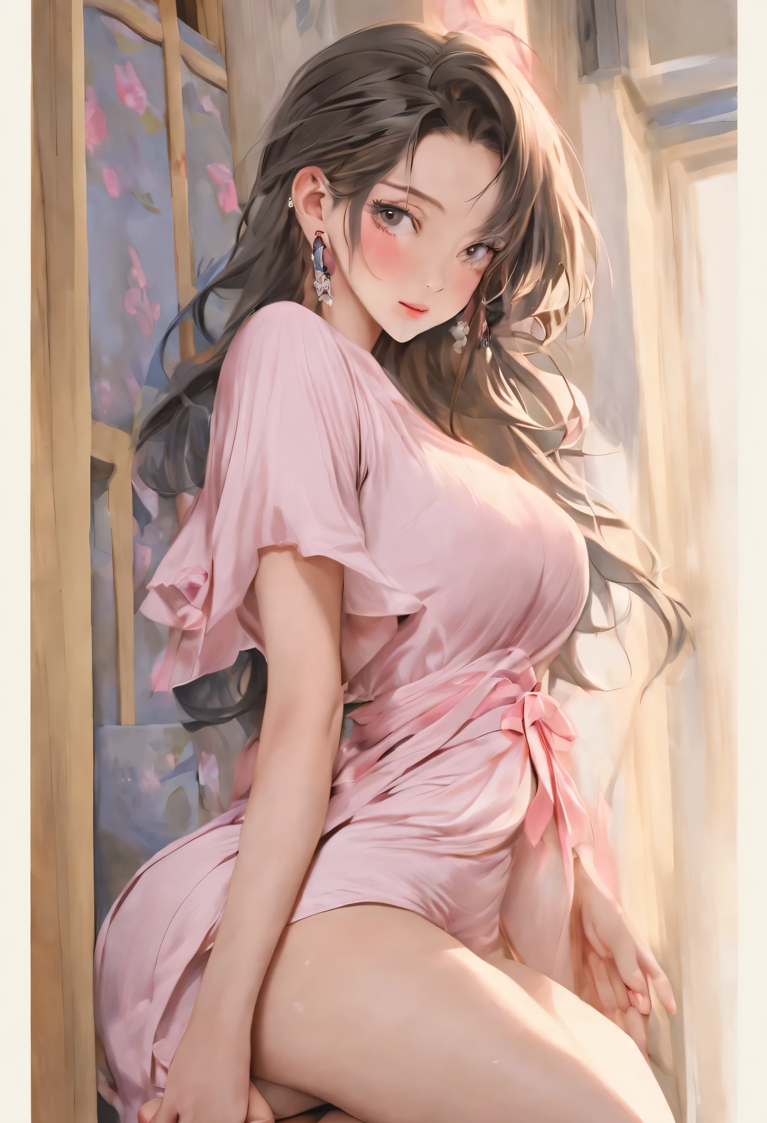 China dress、mature woman、big breasts、big ass、valley、underwear、panty shot、Low - Angle、troubled face、blush、slit