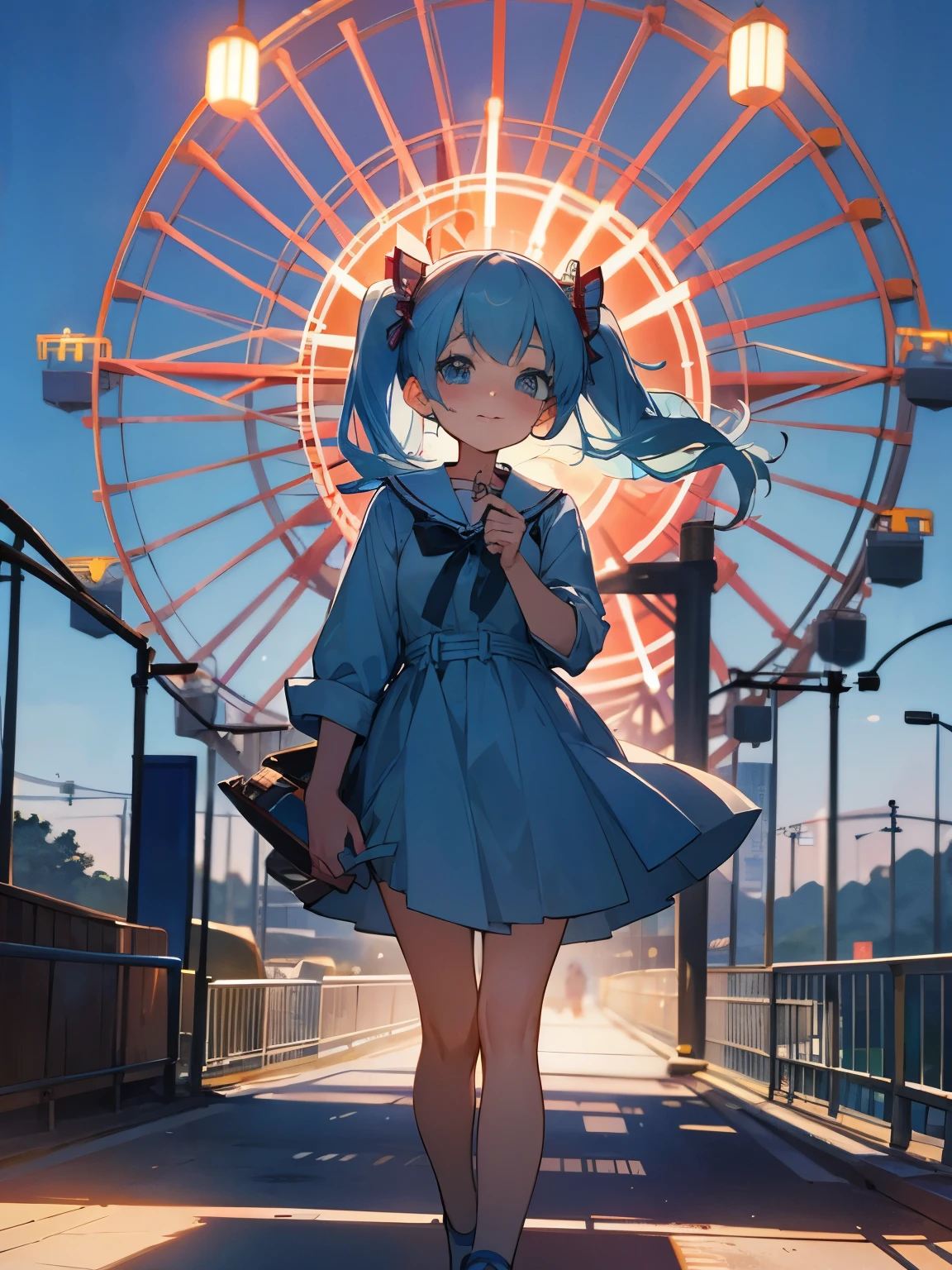 theme park amusement park attraction ferris wheel girl twintails light blue hair cute